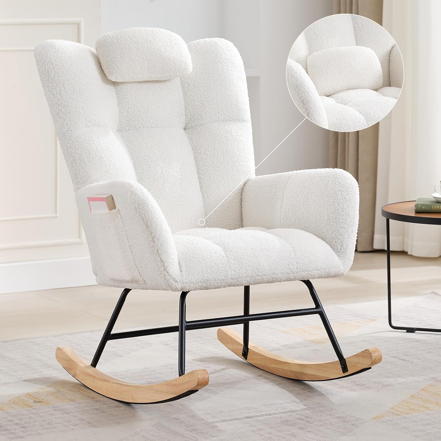 mecedora, Rocking Chair, Recubrimiento Bouclette, Sillón Lactancia, Silla mecedora, Estructura de acero, Patas de madera maciza, Beige, 68,3 x 92 x 91 cm, con Almohada