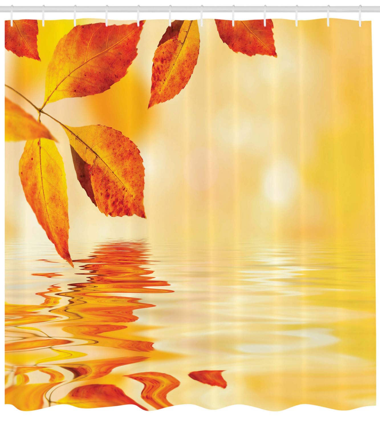 ABAKUHAUS Orange Shower Curtain, Autumn Maple Leaves Shadow on the Water Mystic Sun Image - Image 2