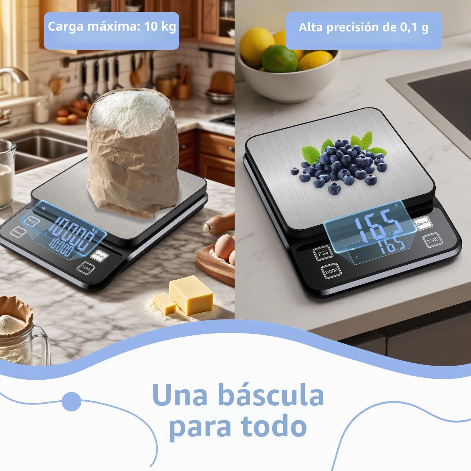 Báscula de cocina impermeable IPX67, 10 kg, báscula de cocina digital, alta precisión, 0,1 g, con 10 unidades y plataforma de pesaje de acero inoxidable, USB C recargable, báscula digital