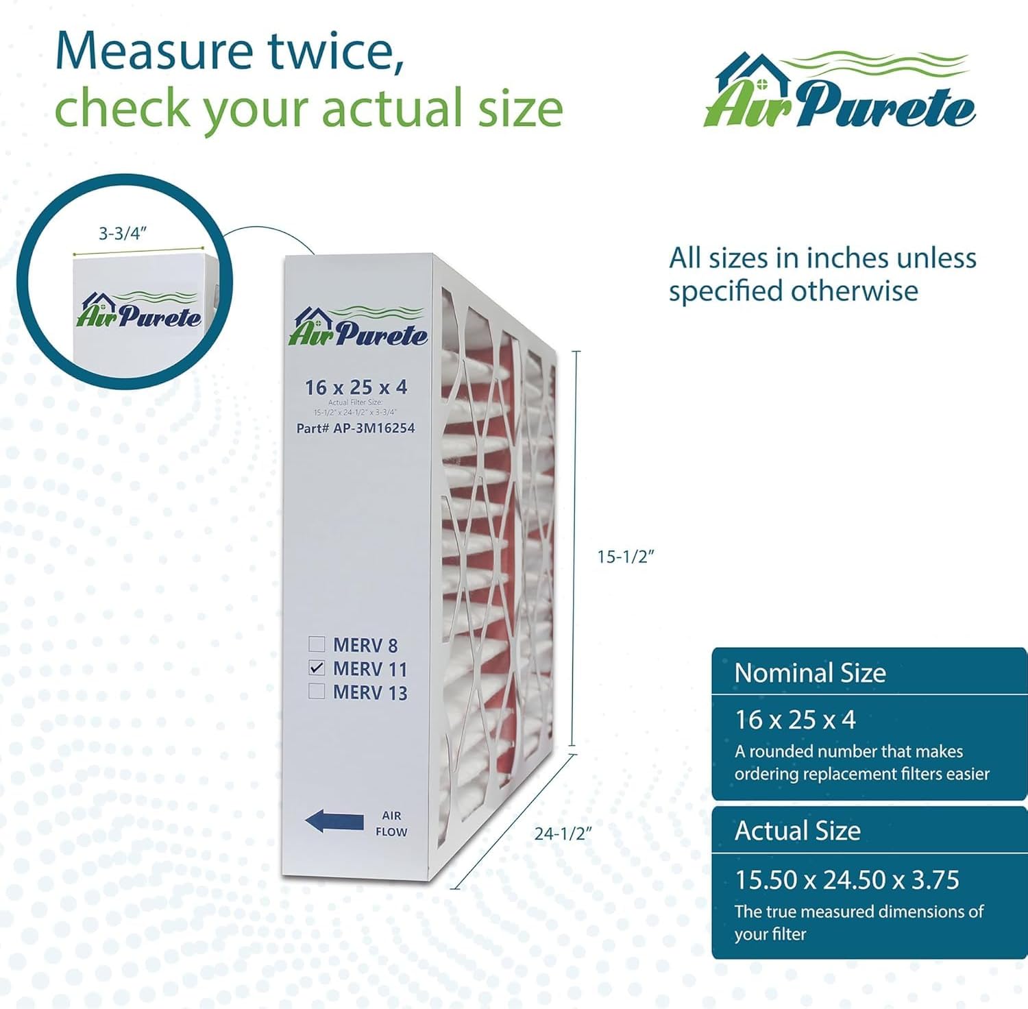 16x25x4 HIGH CAPACITY Furnace Filter | AirPurete AP- 3M16254 | Actual Size 15 1/2" x 24 1/2" x 3-3/4" | MERV 11 | Pack of 3