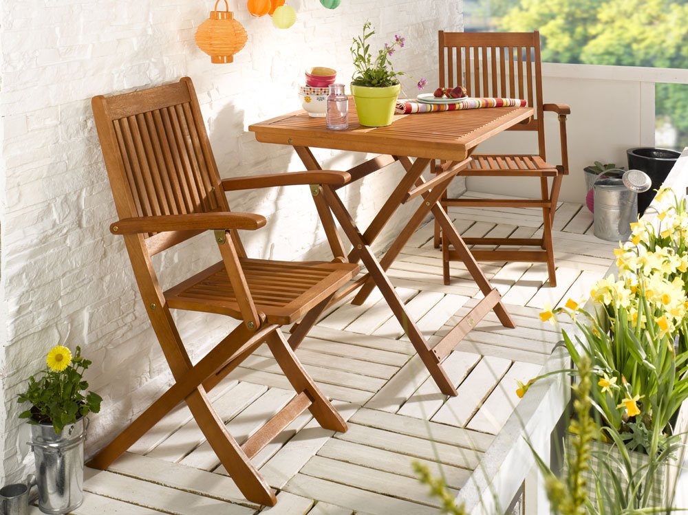 DaMi Balkonset Terassen Set Bistroset FSC Balkonmöbel 2X Klappsessel + 1x Tisch 70x70cm (Natur) Garten