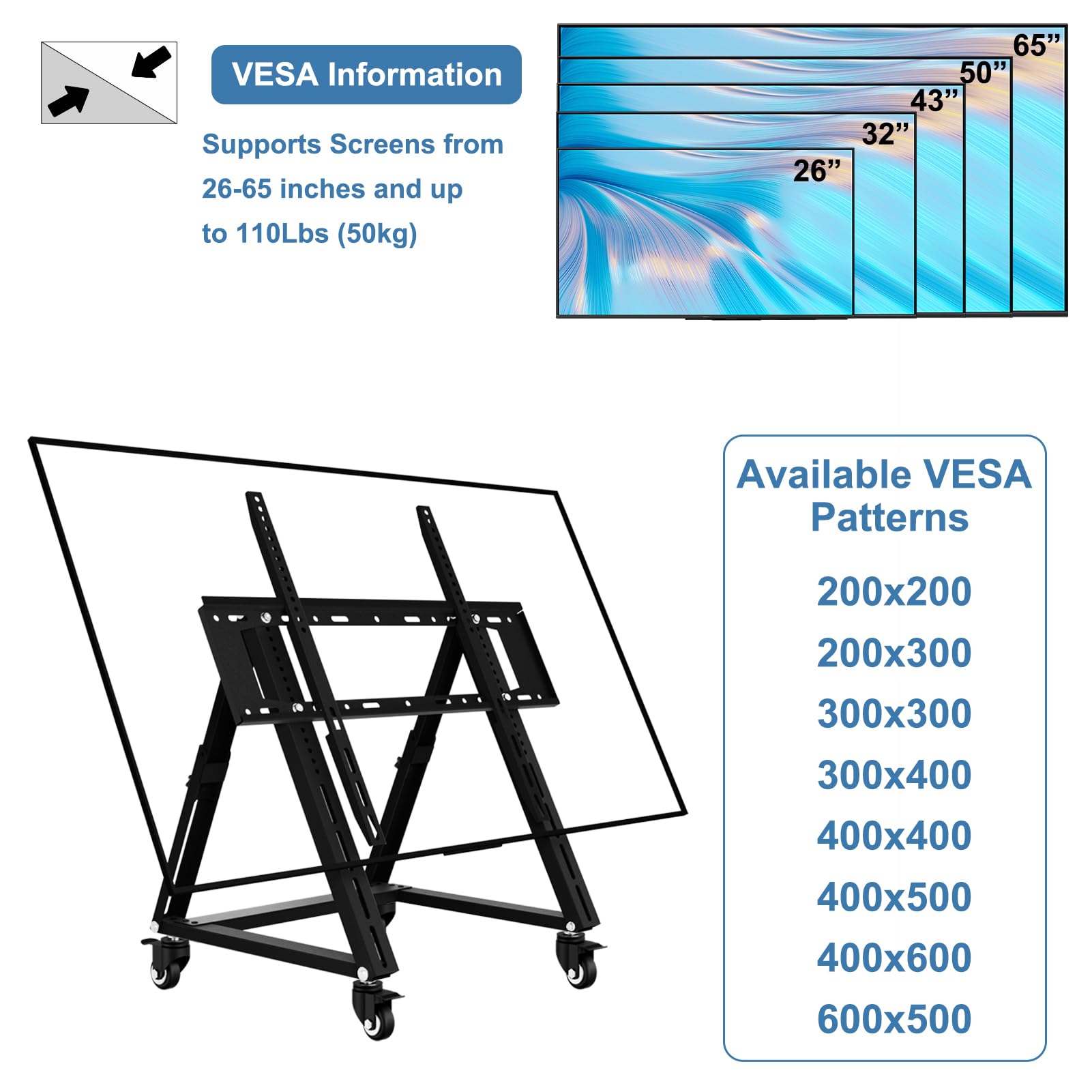 Support TV mobile à faible hauteur, support TV bas avec roulettes pour TV de 26 à 65 pouces, hauteur réglable, angle de vision réglable de 36° à 68°, max 50 kg, VESA 600×500, support moniteur