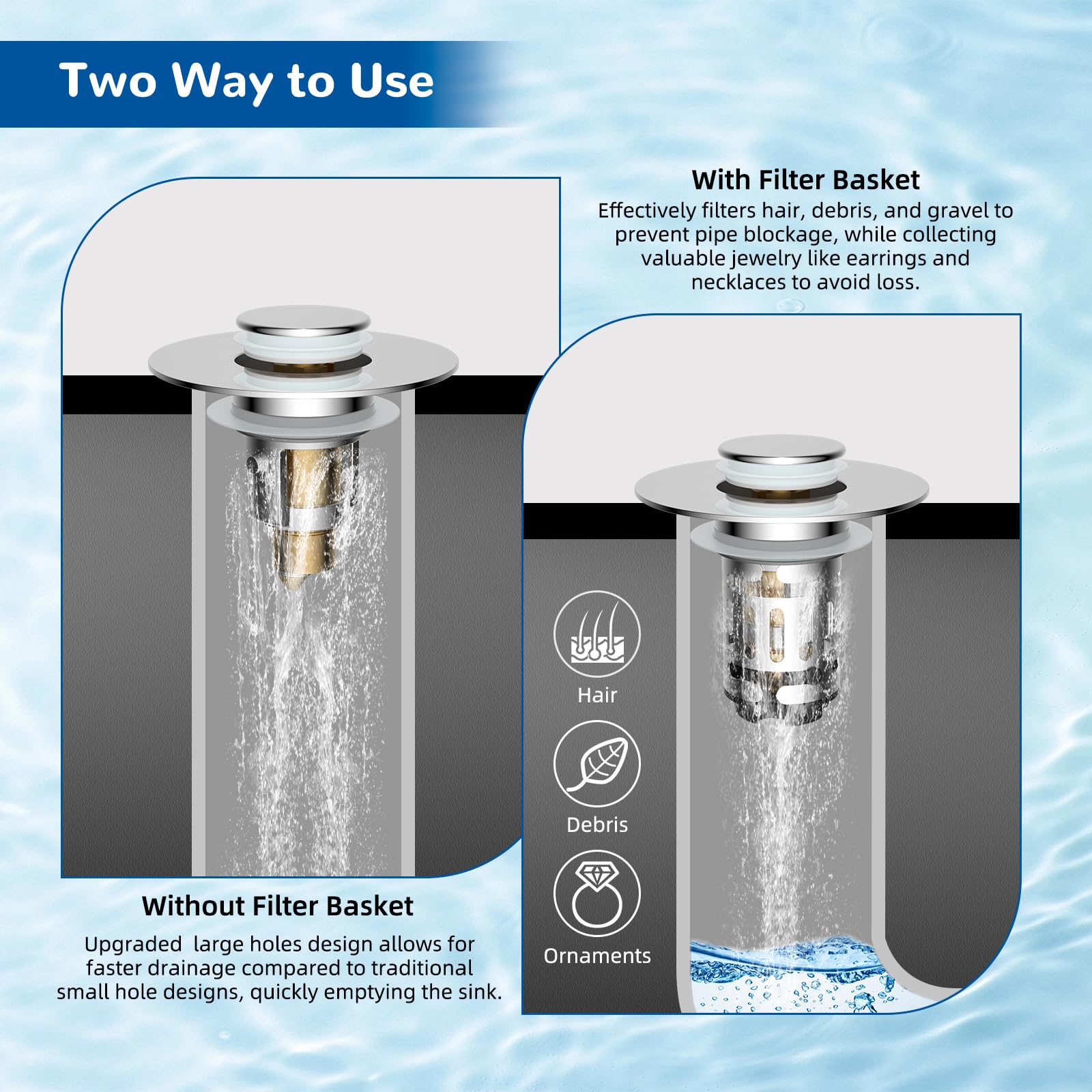 Hibbent Upgraded 3 in 1 Bathroom Sink Drain Strainer, Universal Pop Up Stopper with Removable Stainless Steel Filter Basket Hair Catcher, Sink Plug for 1.1''~2.36'' Basin, Brass Bullet Core, Chrome - 5