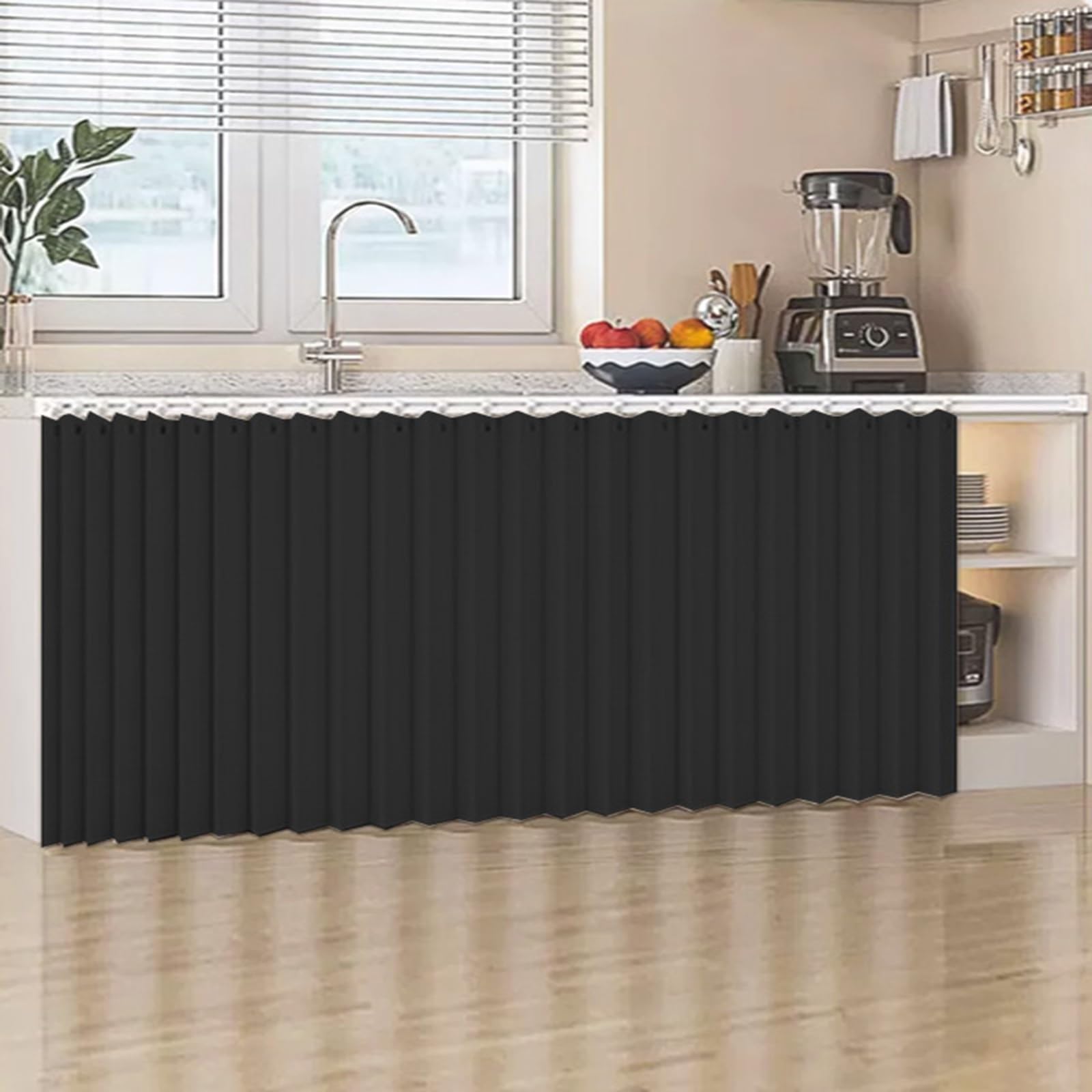 Tenda scorrevole nera per mobili da cucina, scarpiere e zona sotto il lavello con guide scorrevoli silenziose (larghezza 100 cm x altezza 70 cm) soluzione di archiviazione elegante e funzionale.