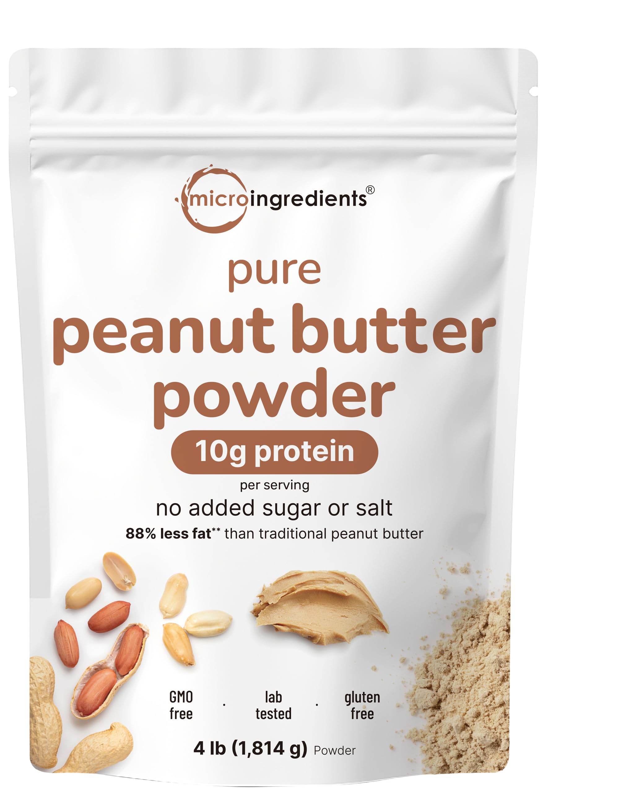 Micro Ingredients PBlite Pure Peanut Powder, 4 Pounds (106 Servings) | 10g Protein & 88% Less Fat | Sugar Free Nor 64 Ounce (Pack of 1)
