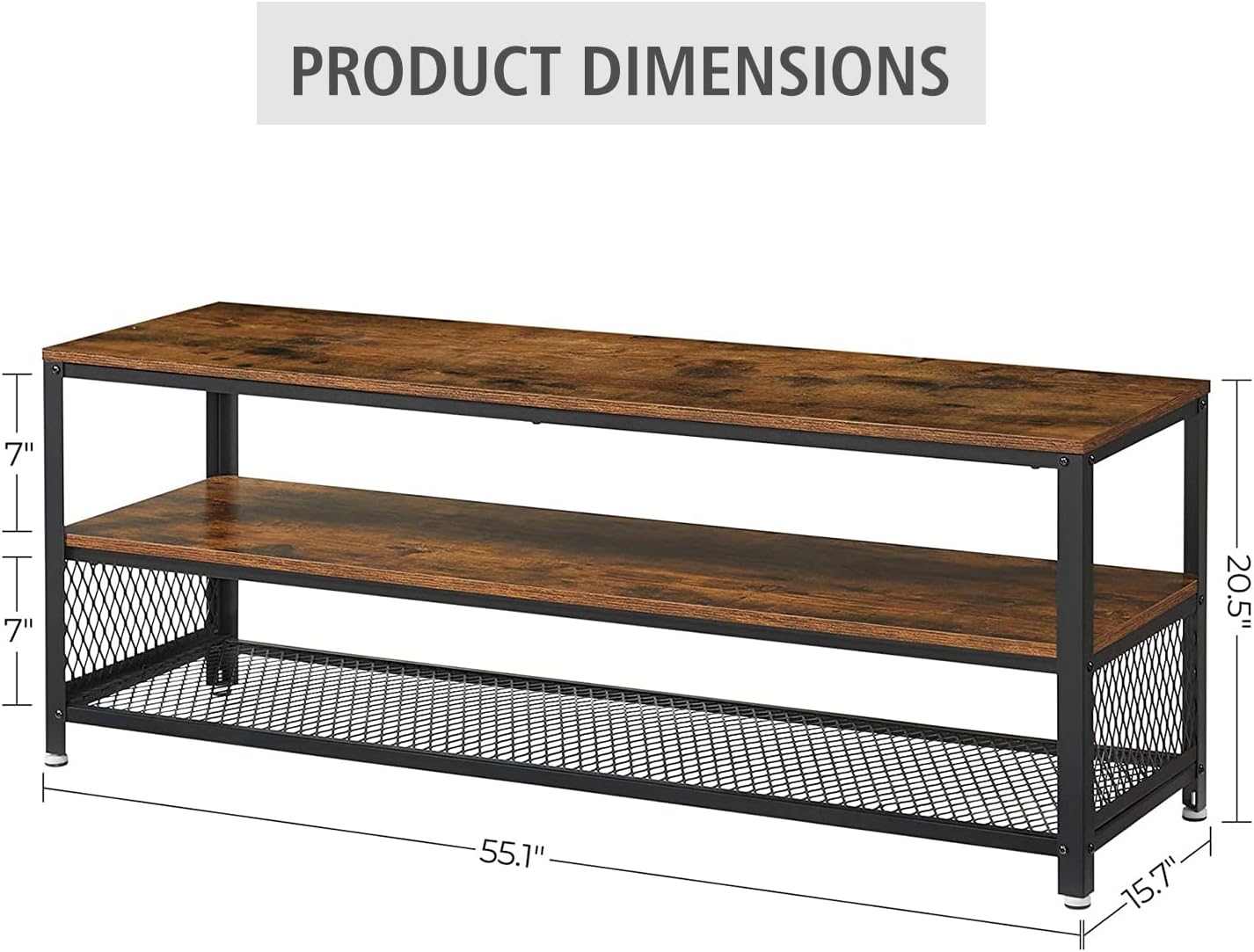 Zanzio Rustic 3-Tier Storage Shelves with Adjustable Feet, 55" Wide Industrial Metal and Wood Shelving Unit for Multi-Purpose Organization, TV Console Table, and Entryway Bench - Brown image 2 of 8 B0C2Z4G8RB