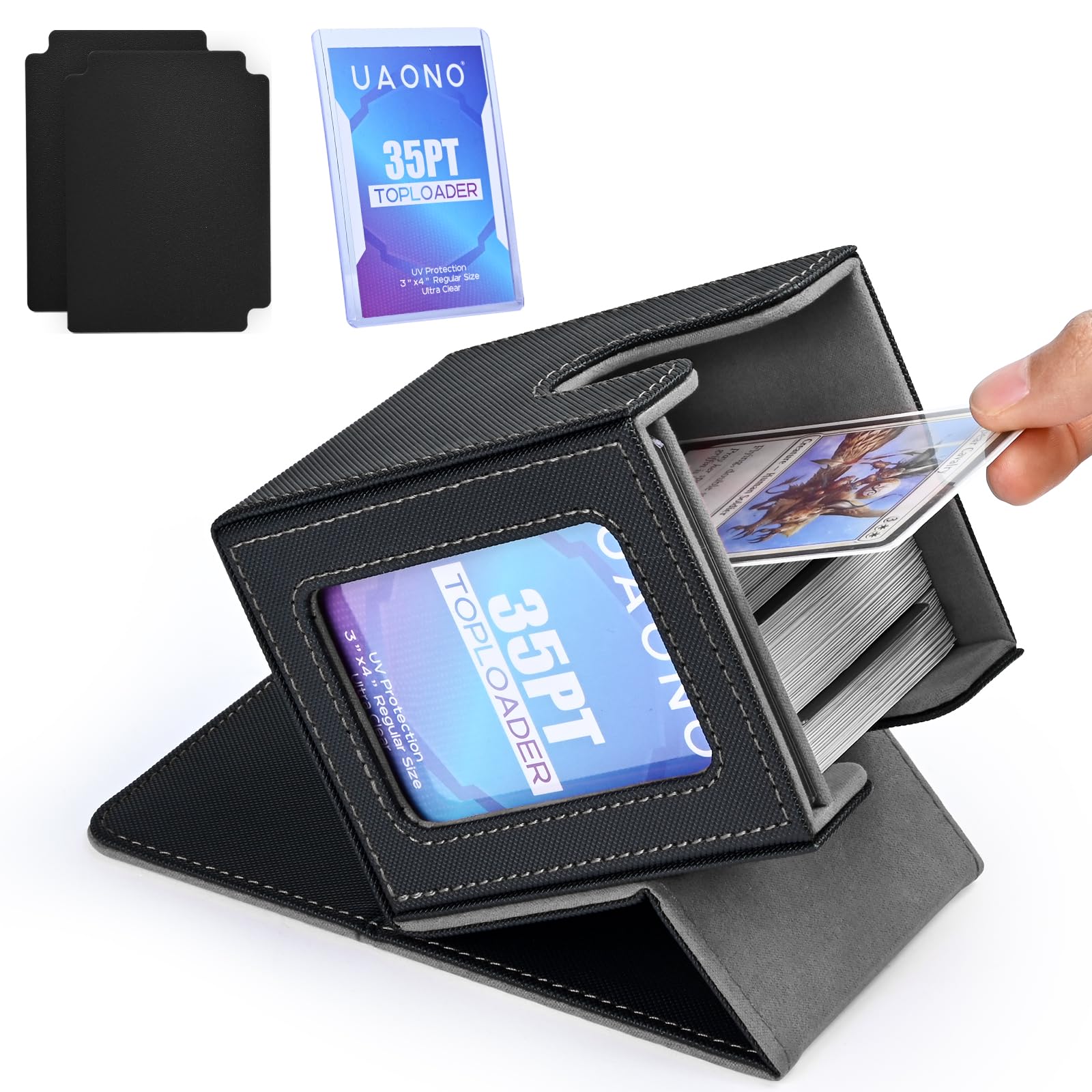 UAONO Card Deck Box with MTG Commander Display, Patented Design Card Deck Case Holds 100+ Double-Sleeved Cards, PU Leather Cards Storage Box For TCG with 2 Dividers, 1 Toploader (Black)
