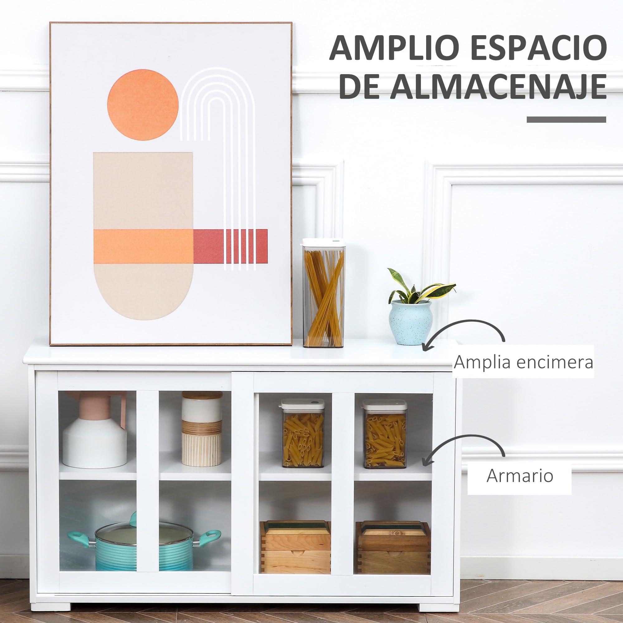 HOMCOM Aparador de Cocina Mueble Auxiliar de Cocina 107x33x62,5 cm Blanco | Aparador Apilable, 2 Puertas Corredizas de Vidrio, Estante Ajustable, para Salón Comedor