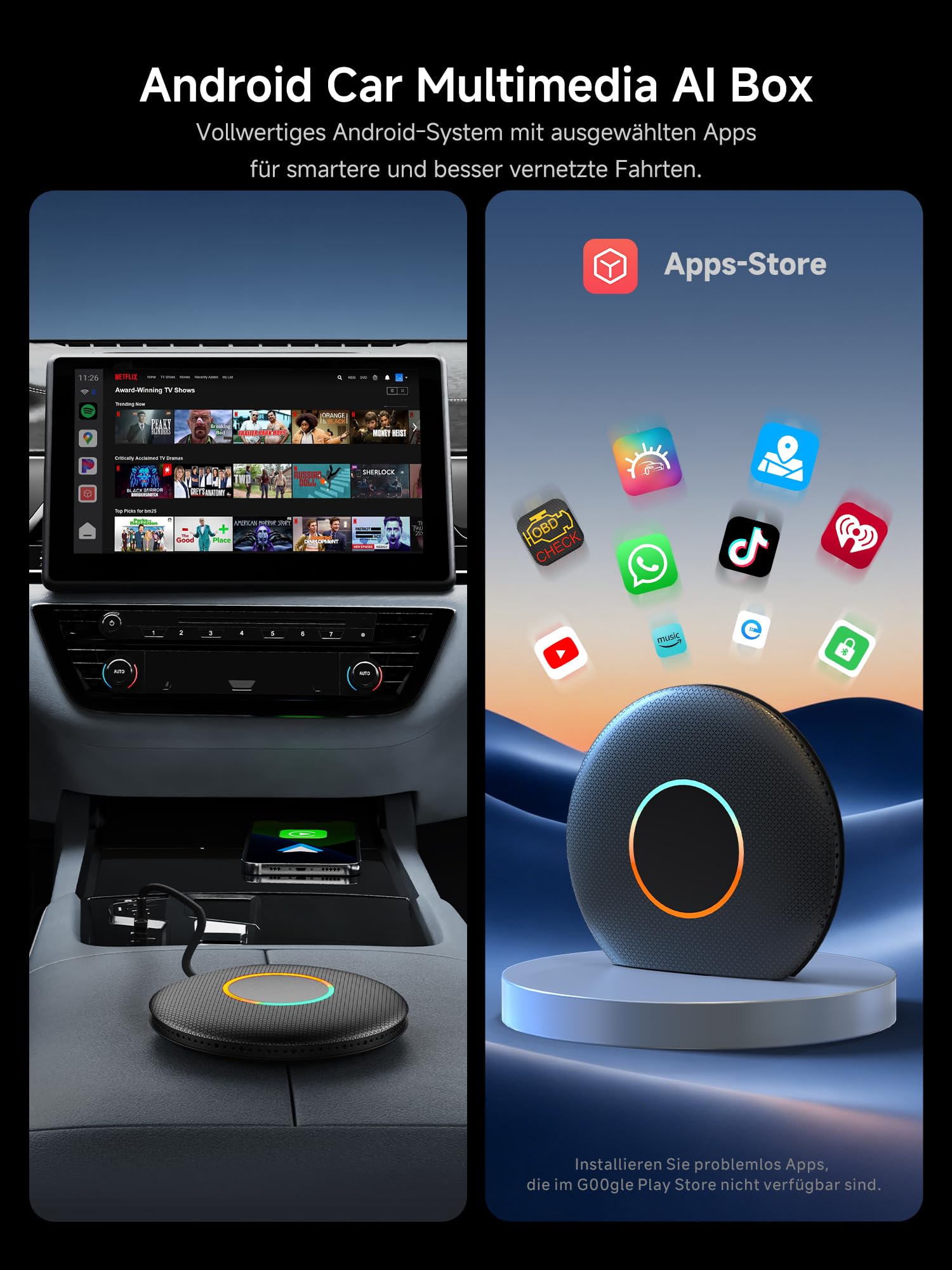 Adattatore CarPlay Wireless 4+64GB AI Box Android Auto con Navigazione GPS | 4G LTE, Drivechat Ai voce, display diviso, navigazione GPS, doppio WiFi e Bluetooth, blocco Bluetooth, TrackHU