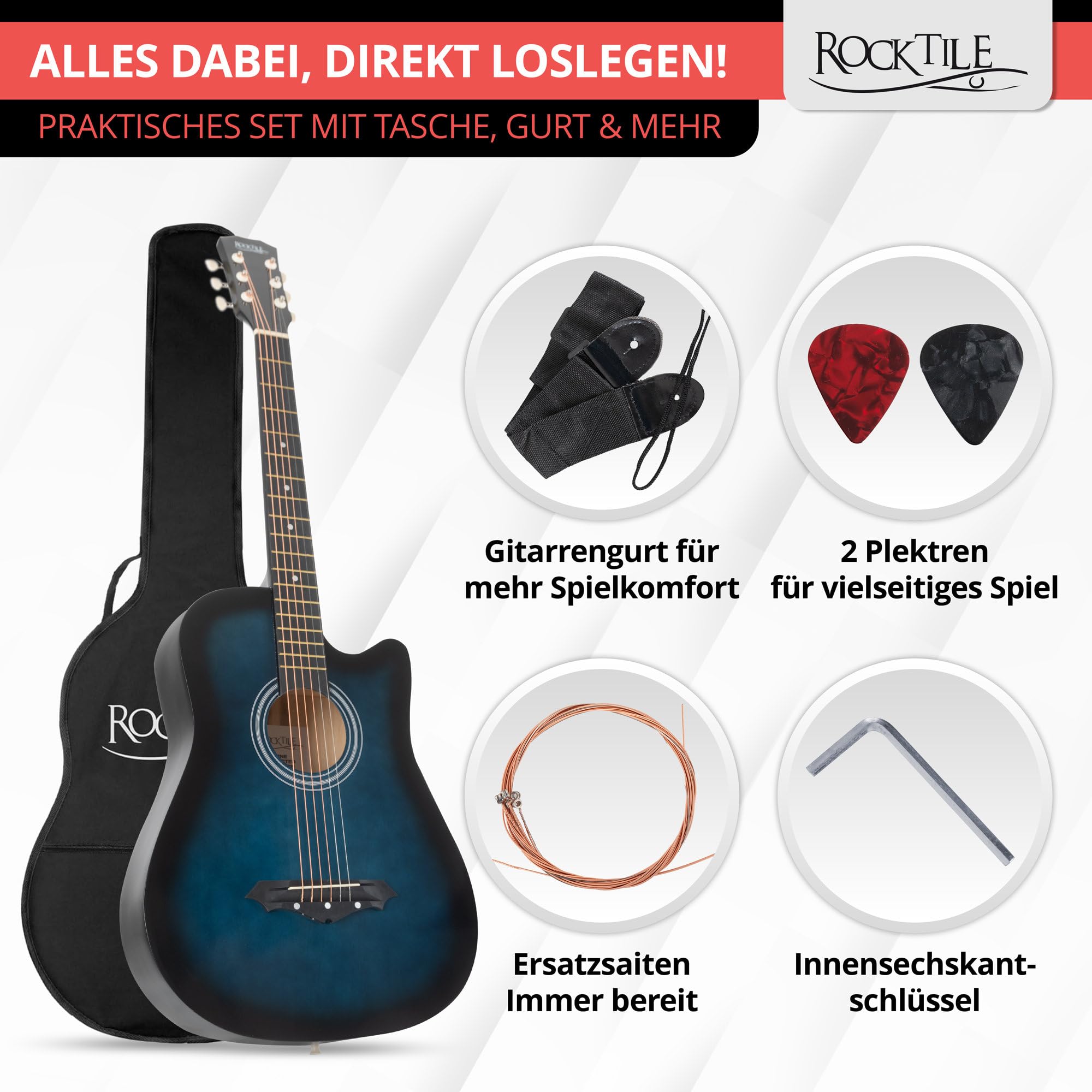 Rocktile WSD-5C-BUB Slim Line Set de Guitares Western - Guitare Acoustique Dreadnought - Corps en Tilleul - Manche : Catalpa - Set incluant housse, cordes de rechange, sangle et médiators - Blueburst