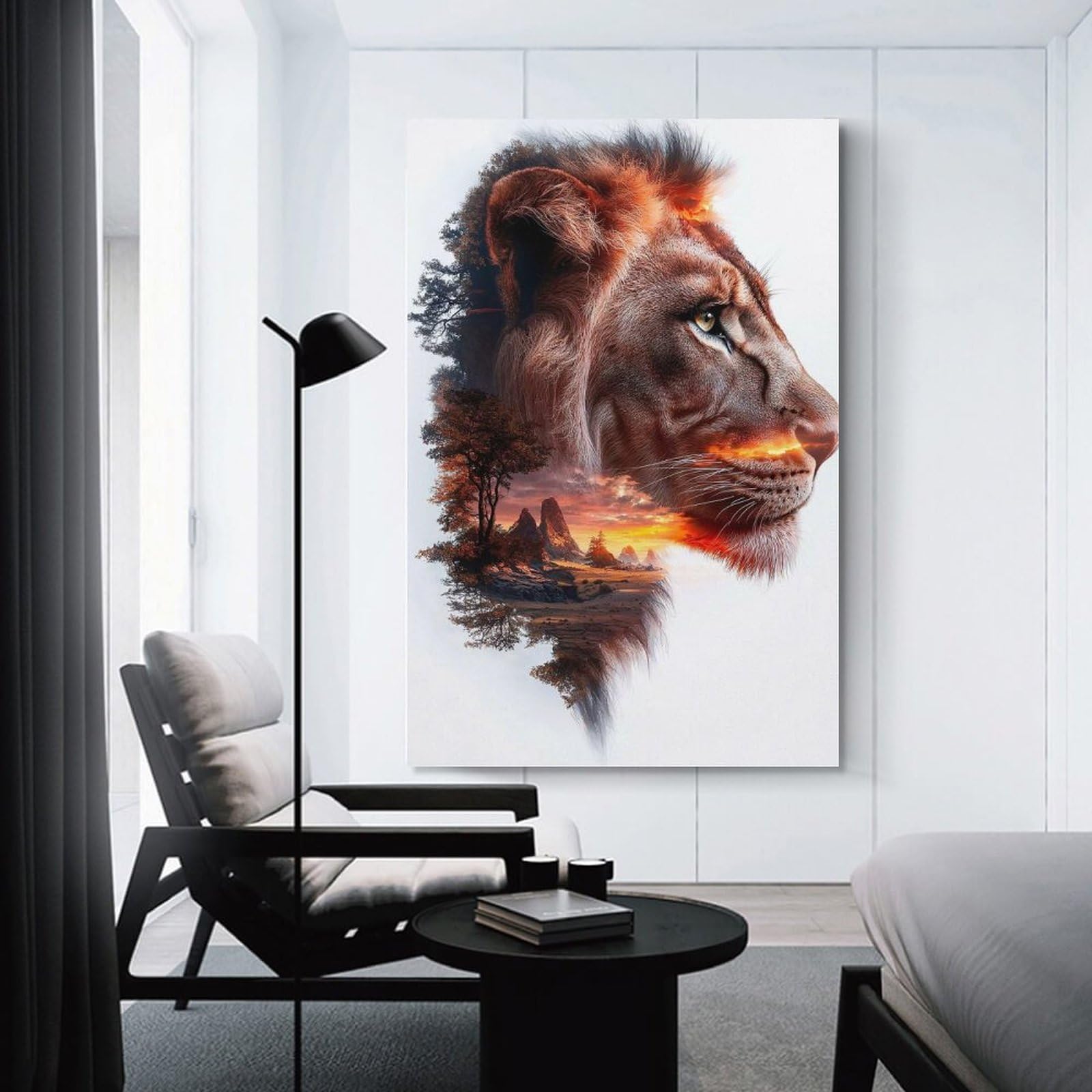 Junmoney Room Decor Wall Art Lion Sunset Double Exposure, 20x30inch(50x75cm), for Workspace Walls, Study Corners Or Bedrooms, A Smart Decor Choice for Study Walls