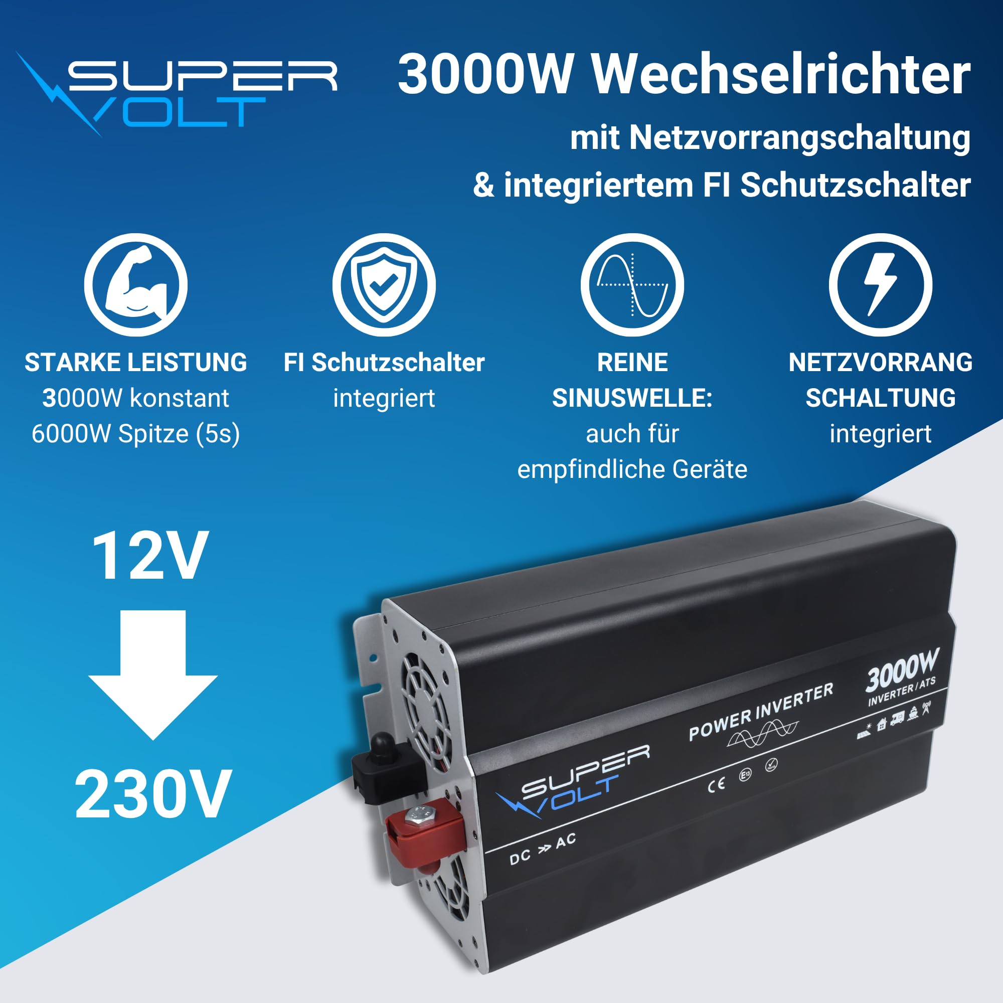 Falownik 12 V na 230 V, 3000 W, czysty sinus z przełącznikiem priorytetowym i ochroną FI, do wrażliwych urządzeń, z pilotem zdalnego sterowania, USB i puszkami Schuko, idealny do kamperów