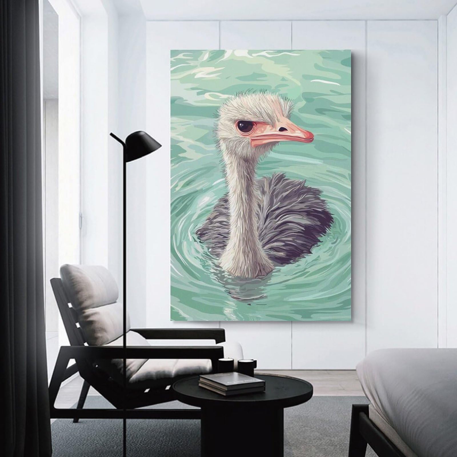 Junmoney Wall Picture Print Ostrich Swimming in Water Illustration, 16x24inch(40x60cm), for Workspace Walls, Study Corners Or Bedrooms, A Smart Decor Choice for Study Walls