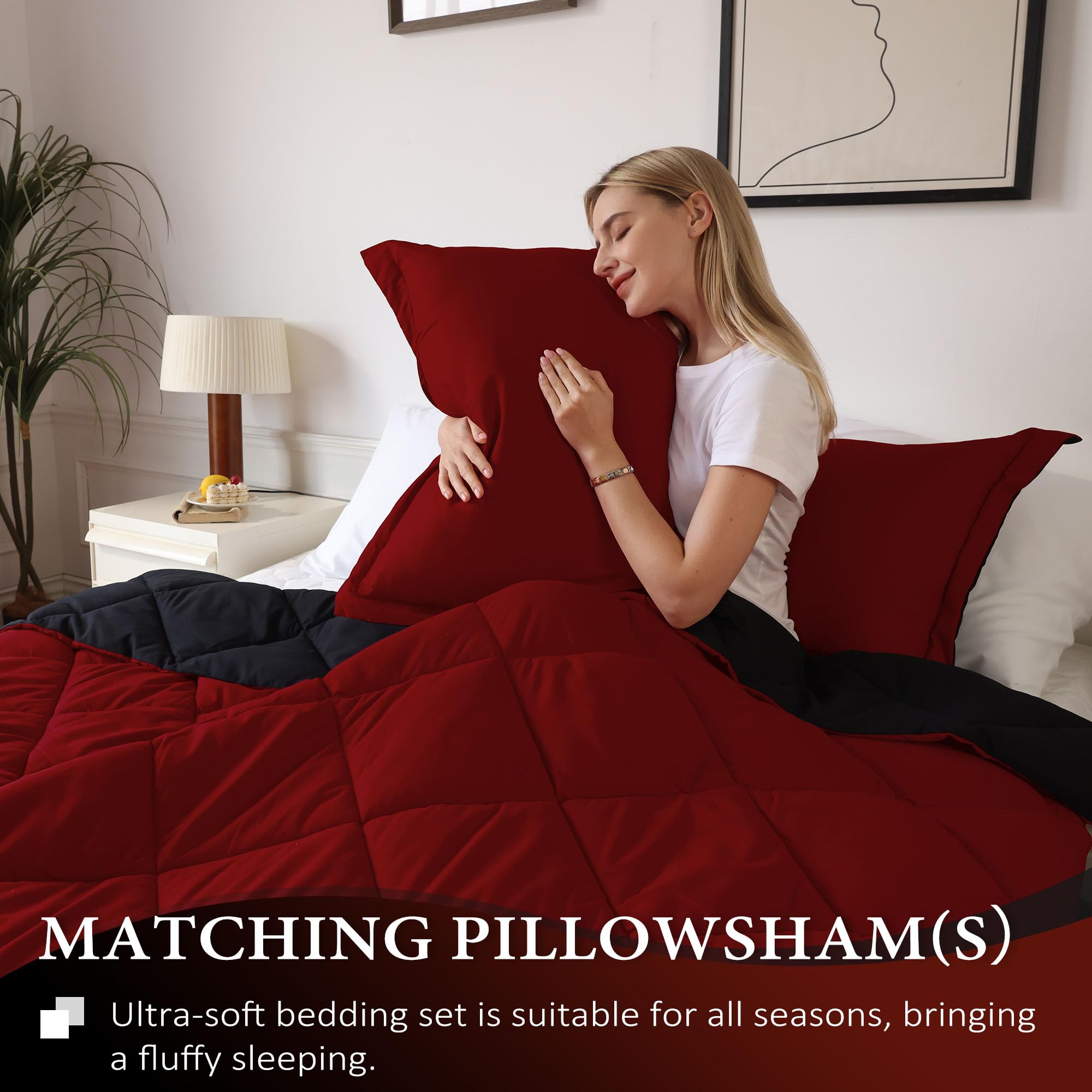 downluxe Set di biancheria da letto California King, in piuma d'oca leggera, reversibile, 3 pezzi, con 2 federe reversibili (rosso/nero)