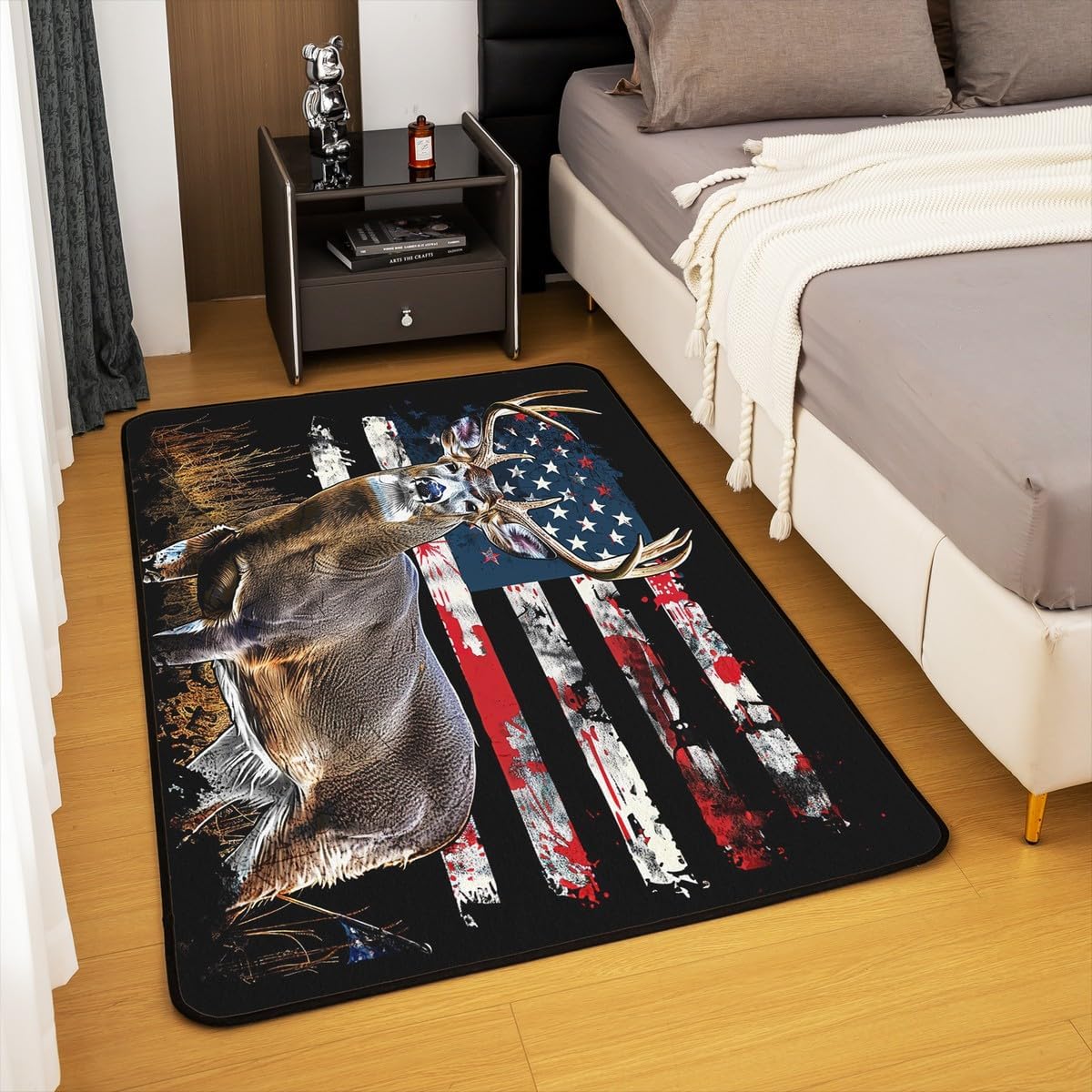 Feelyou American Flag Accent Rug Area Rug 3x5 USA Flag Living Room Rugs for Kids Deer Antlers Wild Animal Hunting Accent Rug