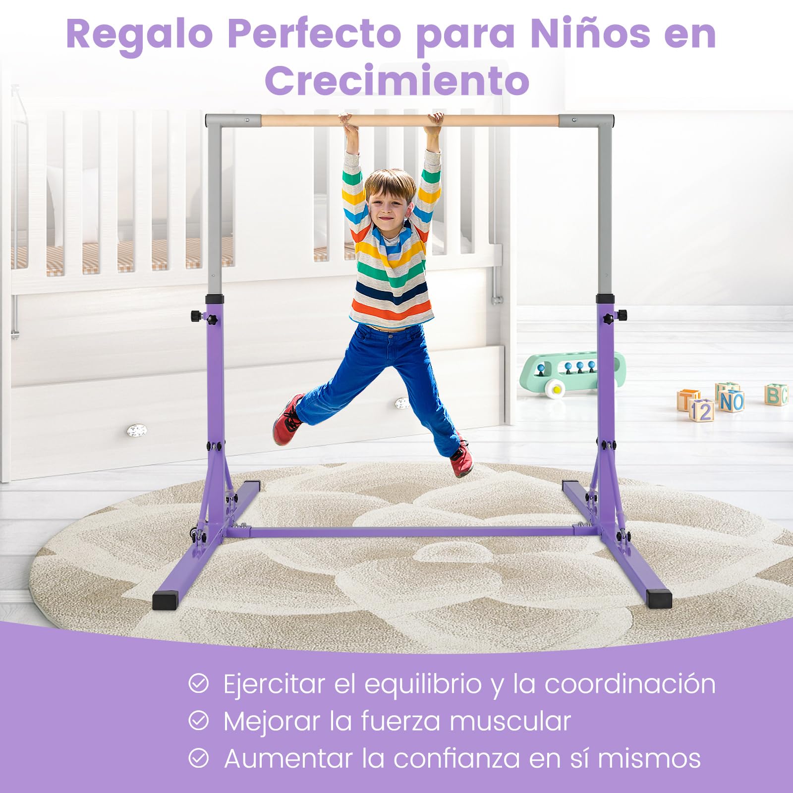 COSTWAY Barra de Gimnasia Plegable para Niños, Barra Horizontal Gimnasia, Alturas Ajustables de 13 Posiciones, Carga 100kg, Casa, Gimnasio
