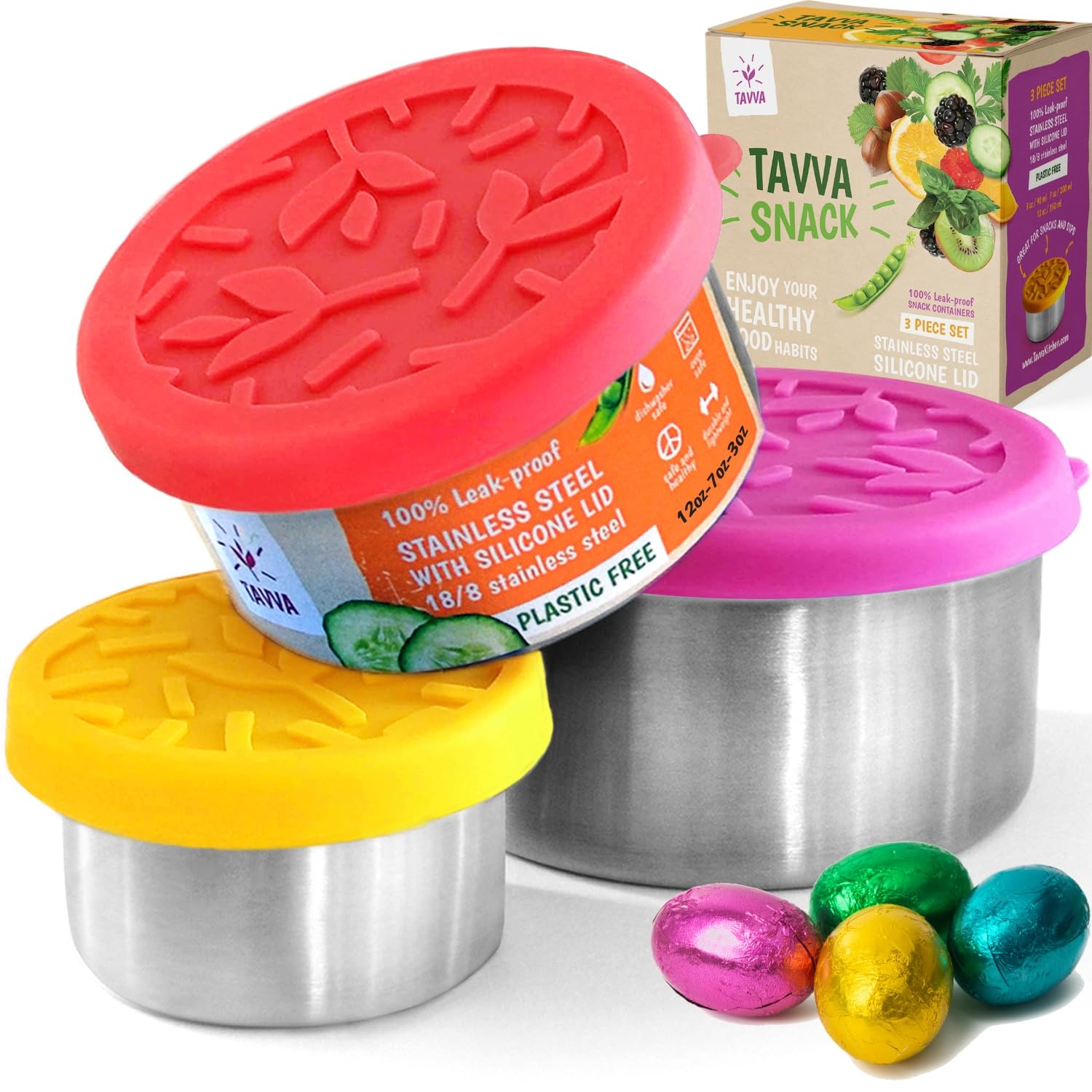 TAVVA Stainless Steel Snack Containers for Kids [12oz/ 7oz/ 3oz] - Leakproof with Silicone Lids - Lunch Box for Kids - Metal Lunchbox for School, Office, Home Food Storage - Dishwasher & Freezer Safe