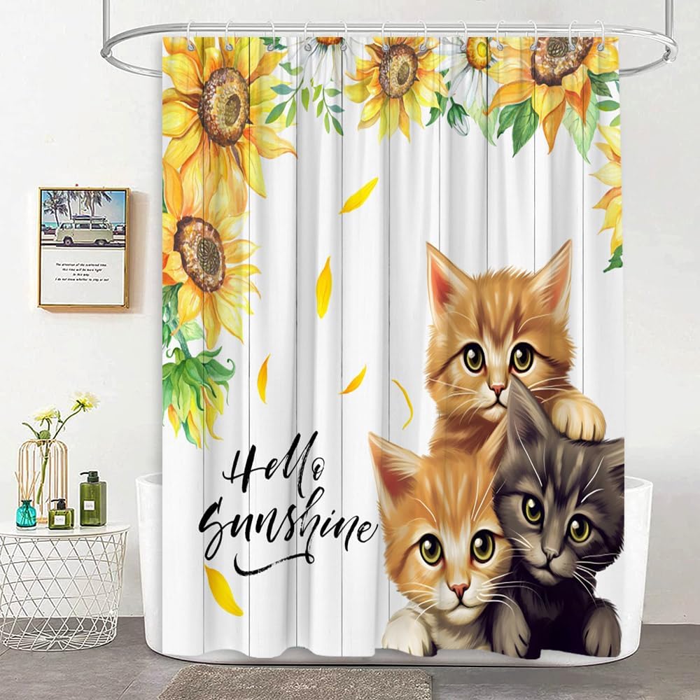 Amazon.com: JEJOMEAG Lovely Cats Shower Curtain Hello Sunshine Rustic ...