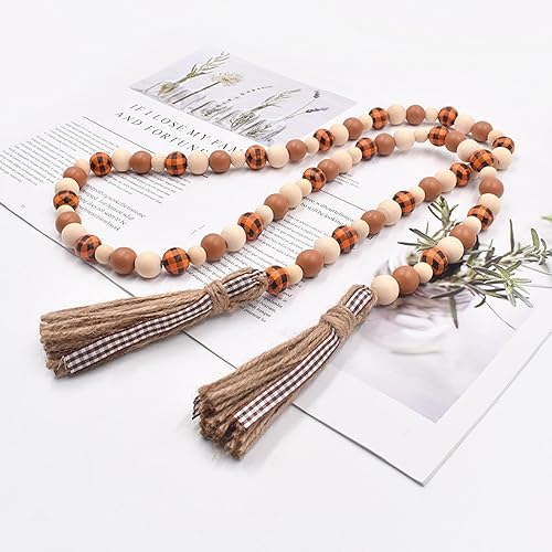 Miniatura 9 de Decoración de Halloween Guirnalda de cuentas de madera con borla, decoración de bandeja escalonada para el hogar con cuerda de yute a cuadros,