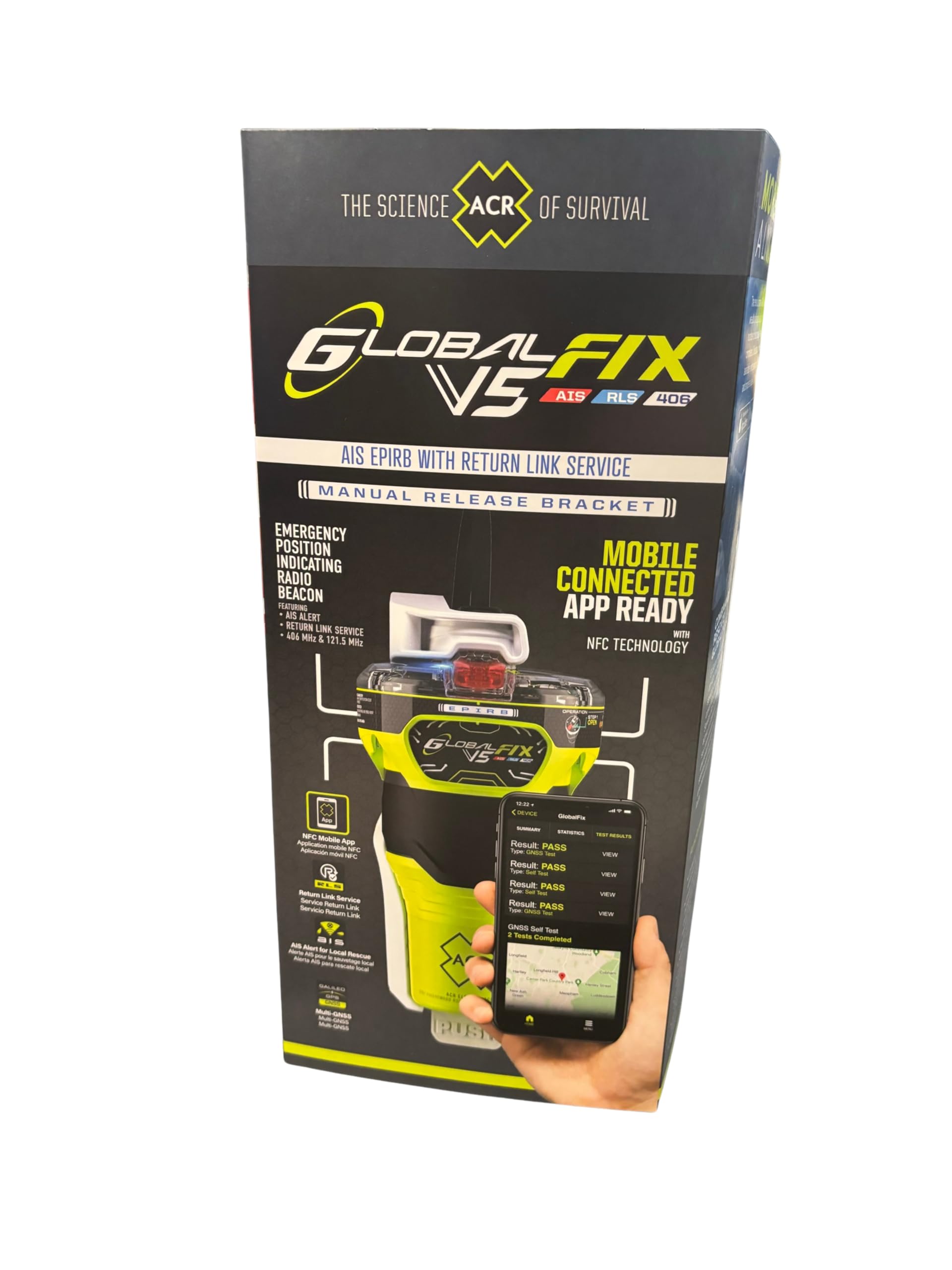 ACR GlobalFix V5 AIS EPIRB – Dispositivo di Localizzazione d’Emergenza GPS Globale, Servizio di Conferma di Ricezione, AIS Locale e Satellitare, App Mobile e Staffa a Rilascio Automatico