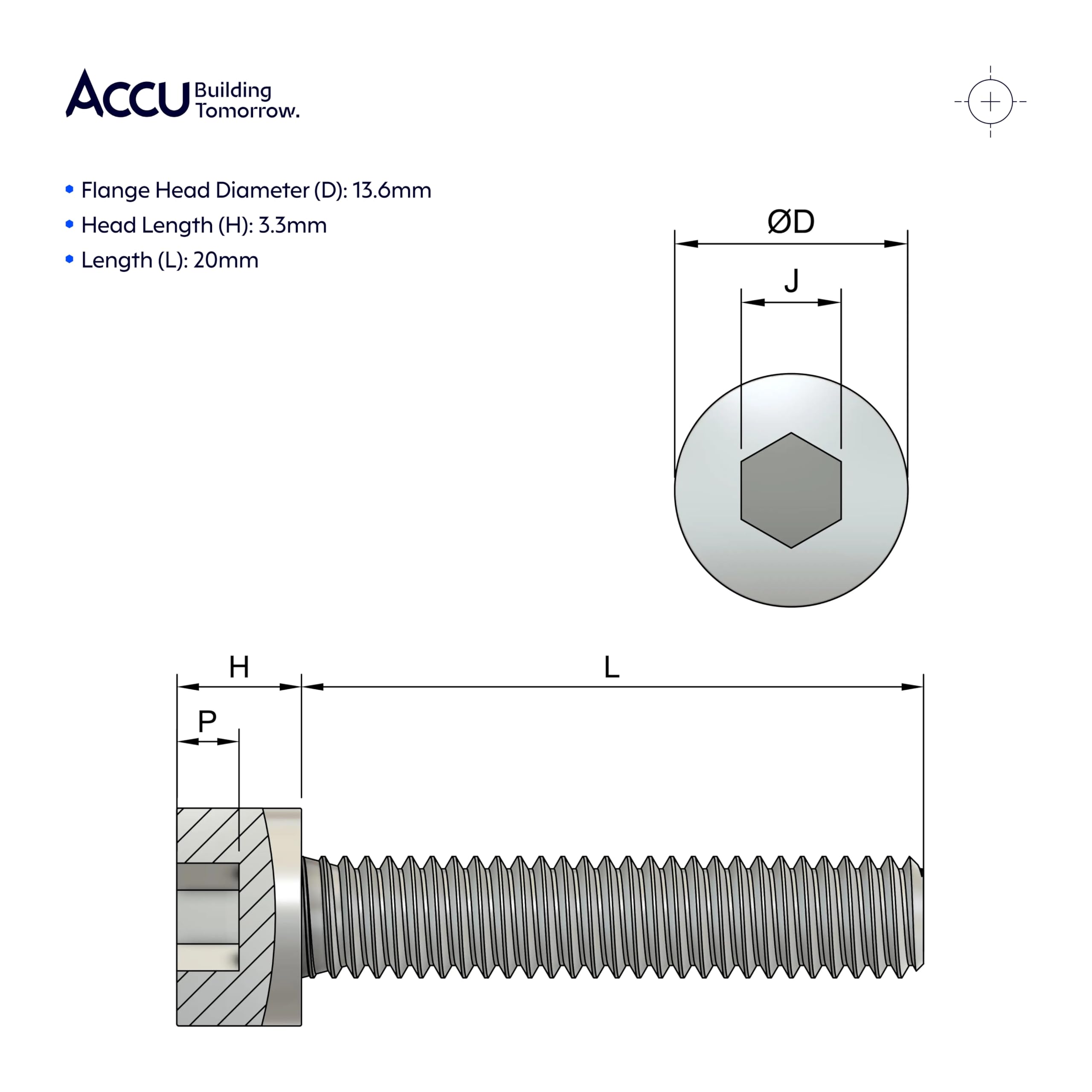 Accu - M6 x 20mm Socket Flanged Button Screws (ISO 7380-2) - Stainless Steel (A2) (Pack of 20) - Image 4