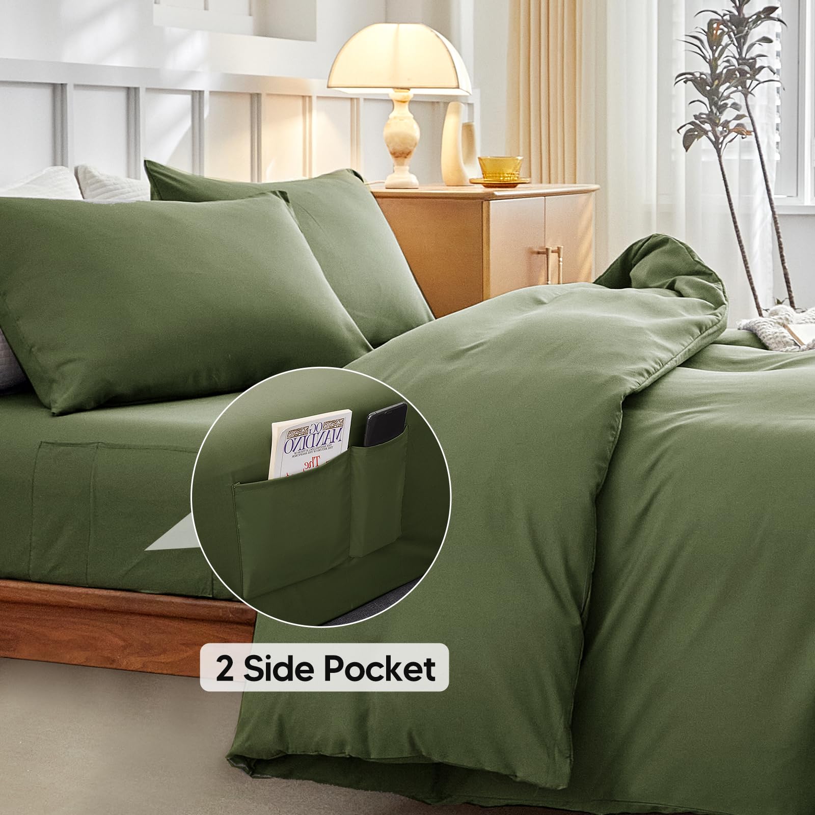 Tokokimo Double Bedding Set 4-Piece Olive Green Duvet Set including Pillowcases and Deep Fitted Sheet 40cm Mattress Depth - Image 3
