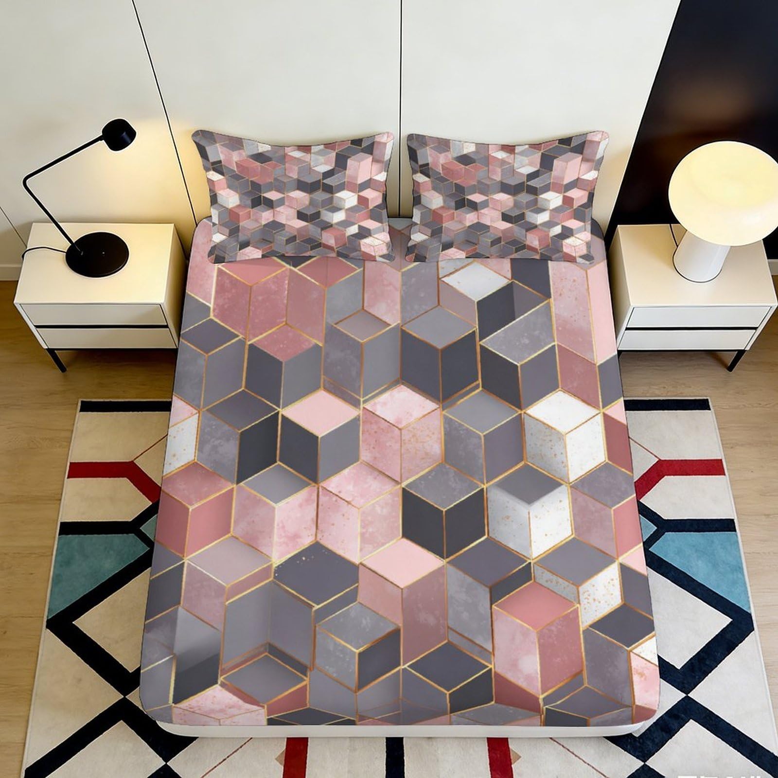 3D Printed Geometric Cube Pattern Fitted Sheet Microfiber Pink Grey Modern Hexagon Bed Cover for Bedroom Guestroom 90x200x25cm