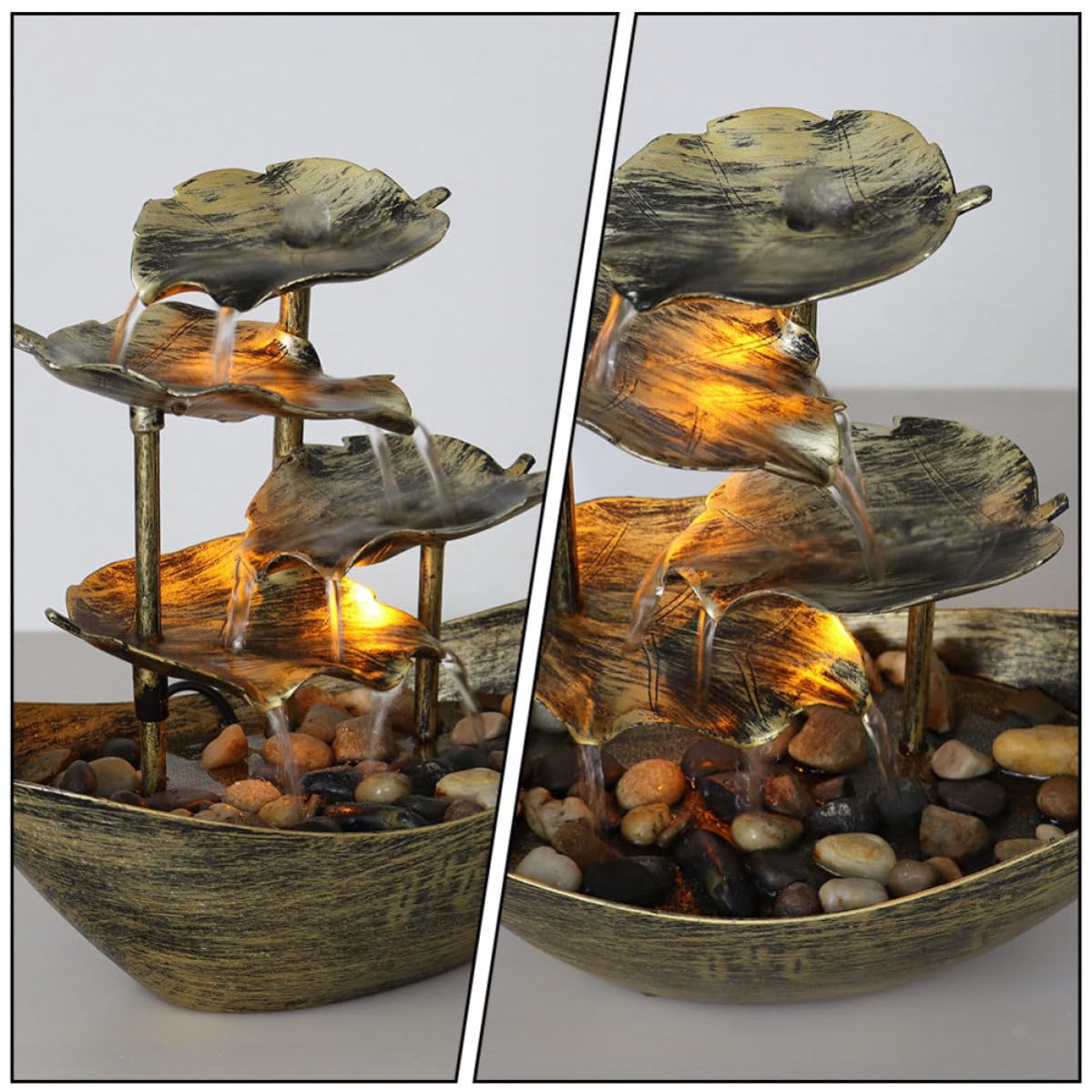 Fuente de Agua Decorativa de Plástico Dorado Luz Led, Reduce Estrés y Decora Sala de Estar o Dormitorio Diseño de Cascada Relajante