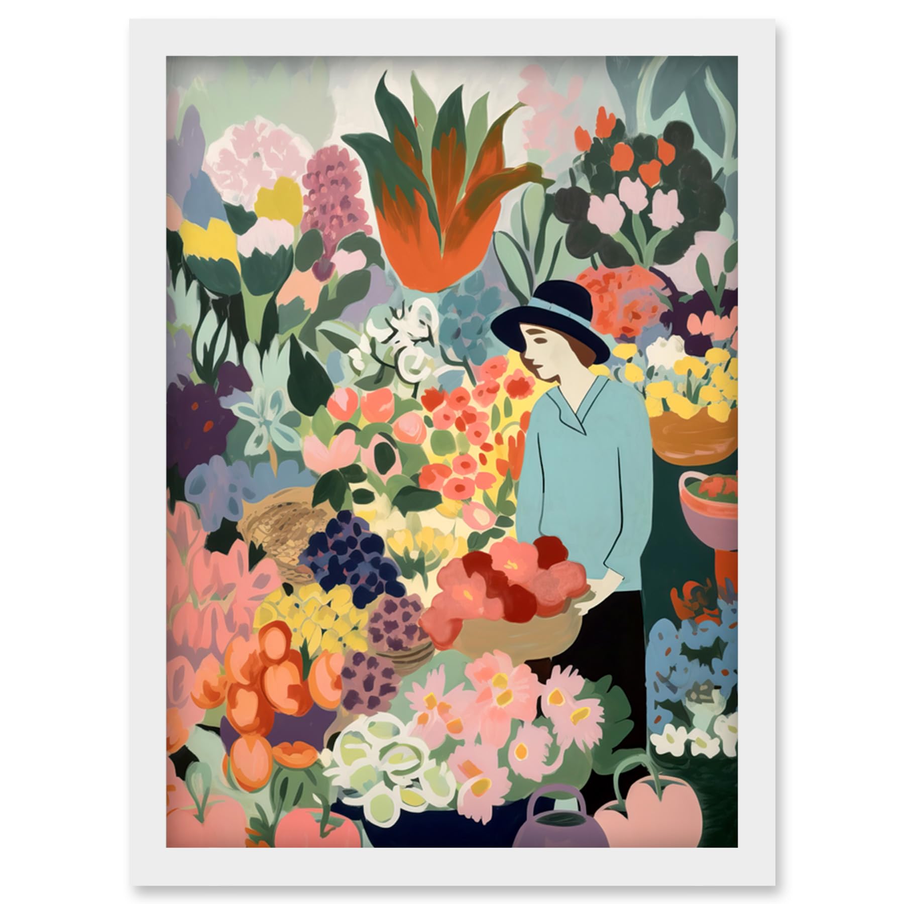 Artery8 Danish Pastel Aesthetic Flower Market Watercolour Painting Woman Bouquet Artwork Framed Wall Art Print A4
