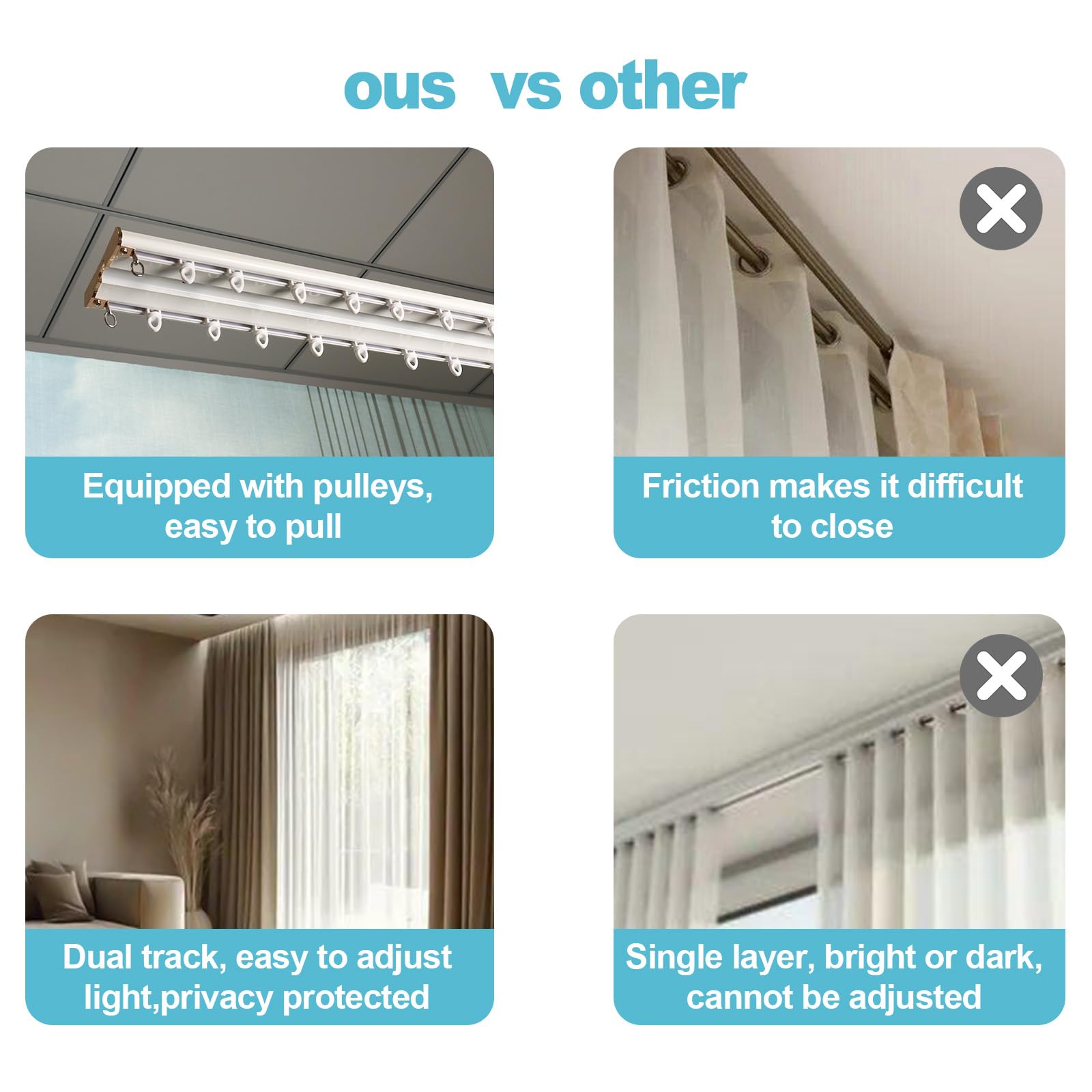 Rail de Rideau 305 cm/10ft, Tringle à Rideaux 2 Voies en Aluminium | avec Roulettes Silencieuses, pour Salon, Chambre, Hôtels