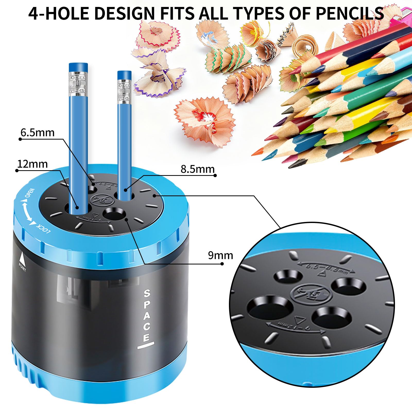 Temperamatite Elettrico Per Bambini, Temperamatite Elettrico Per 4 Misure (6-12 Mm), 4 Fori Per Matite Spesse E Sottili, Perfetto Per I Bambini In Ufficio O A Casa Blu