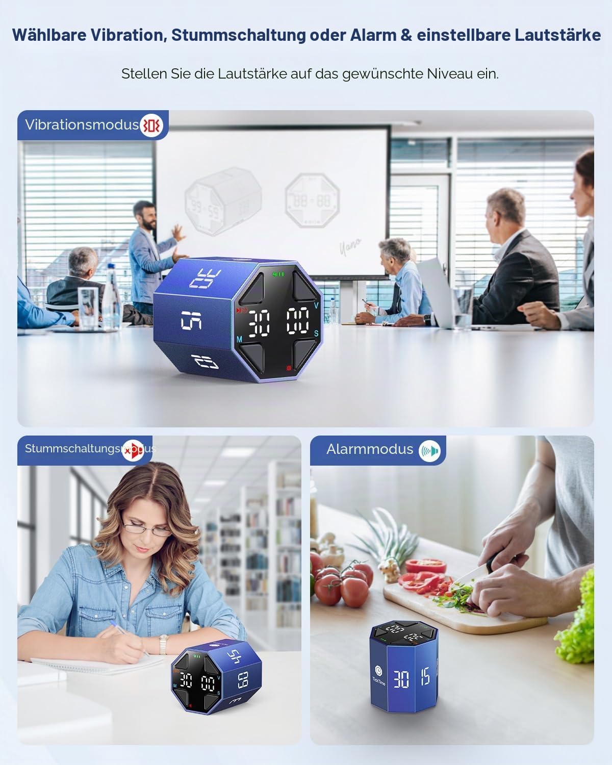 Ticktime T8 Pomodoro Timer Cube für Fokus, Lernen, Arbeit, ADHS, Küche | Pomodoro-Timer, Schneller Flip-Countdown 3/5/10/15/30/45/60 min, Timer & Stoppuhr, 3 Erinnerungen, Flip Pause & Fortsetzen