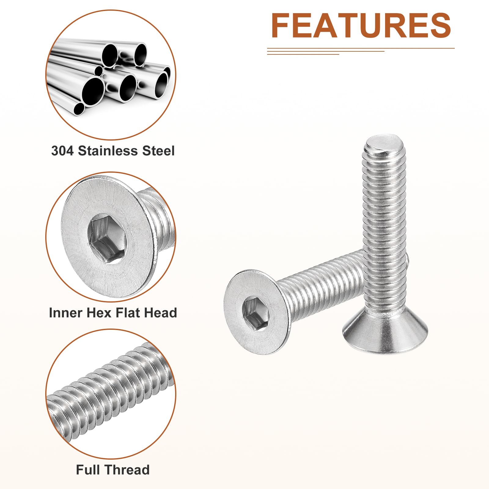 DTGN 5/16-18 x 1-1/2" Flat Head Socket Cap Screws, 10 Pack 304 Stainless Steel Hex Socket Flat Head Screws, Full Thread - Image 4