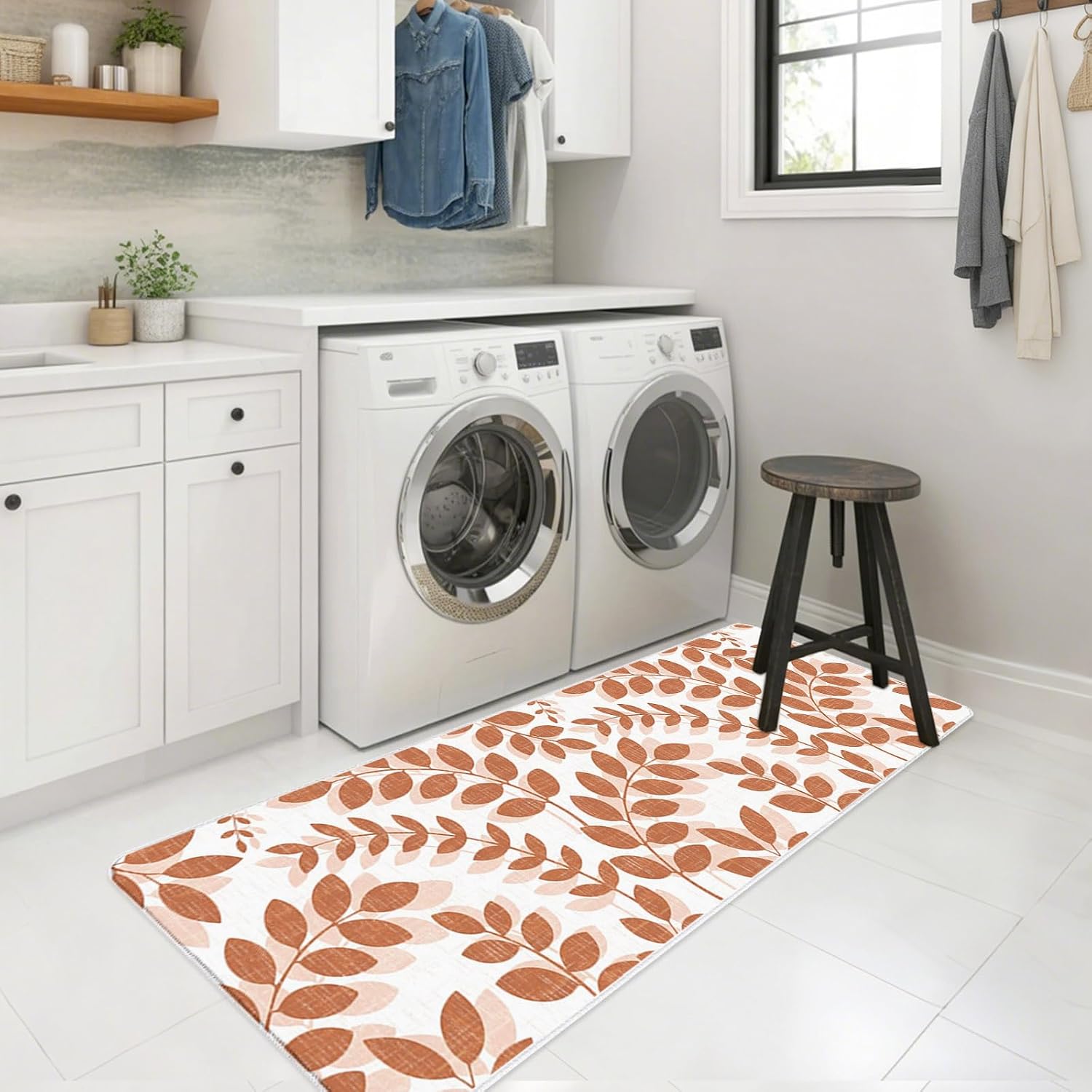 Brown Red Leaves Kitchen Mats Set of 2 Summer Farmhouse Botanical Branch Minimalist Non Slip Mat Washable Floor Rug for Kitchen Sink Floor Laundry, 19.7"x31.5"+19.7"x47.2"