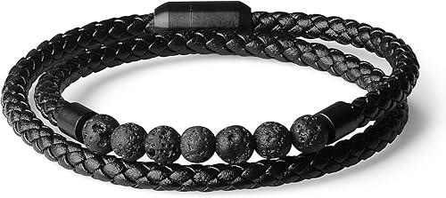 COAI Pulsera de cuero de doble capa con piedras negras ónix