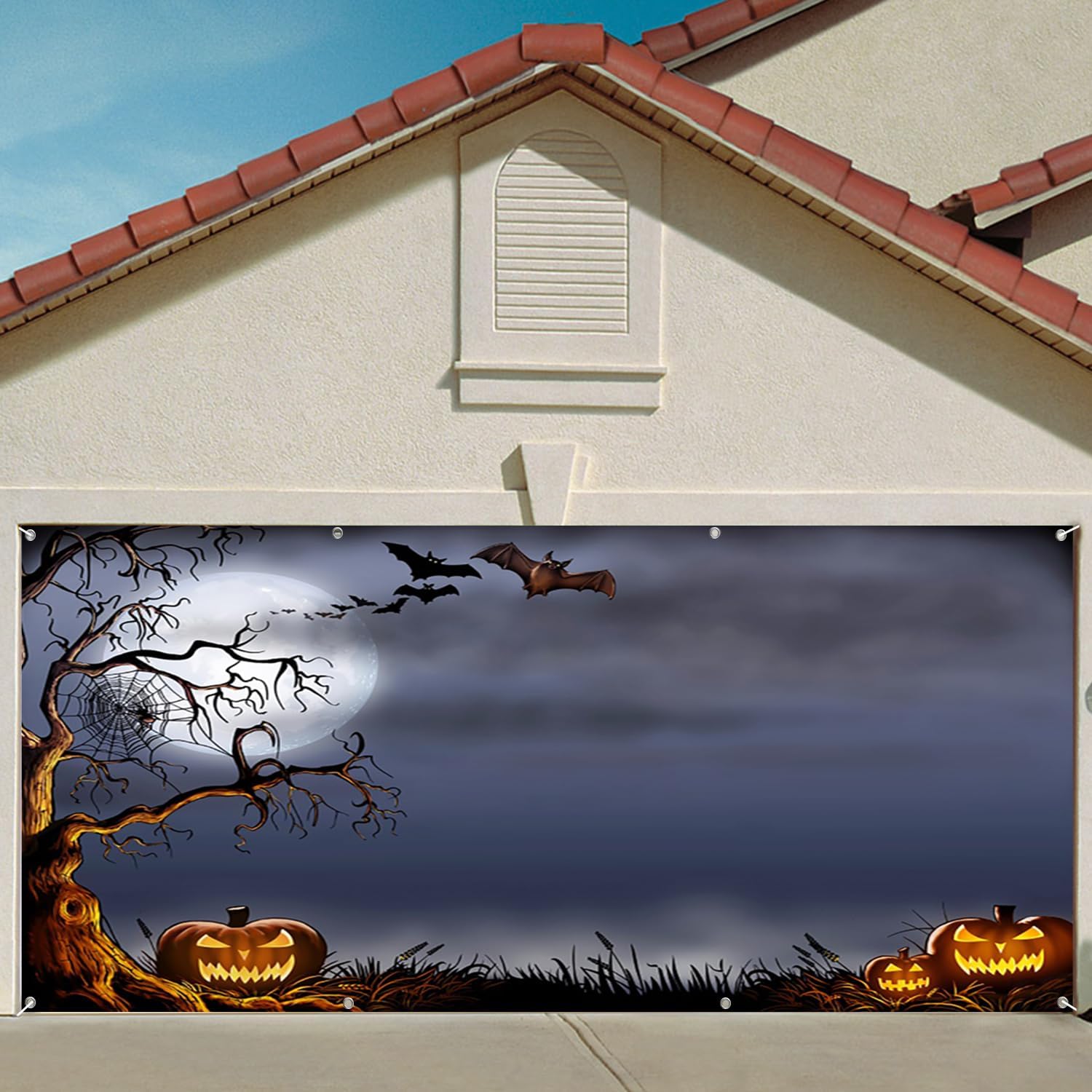 7x8ft Halloween Night Garage Door Decor Full Moon Bat Filled Sky Scene Evil Pumpkin Spooky Tree Fog Atmosphere Garage Door Cover for Halloween Party Inspired Backdrop Decor