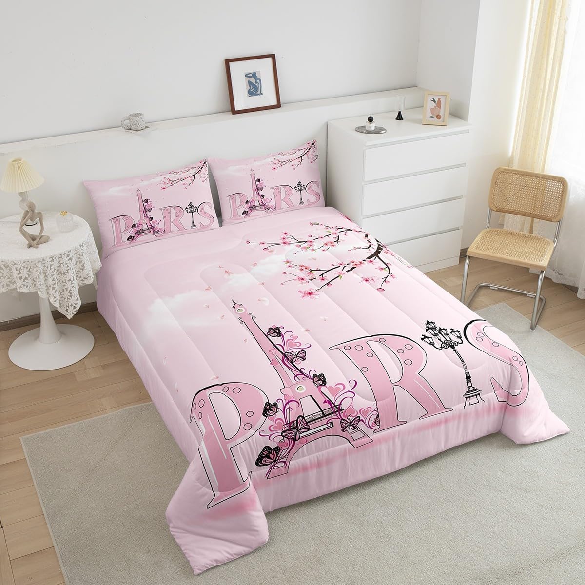 Eiffel Tower Comforter Chic Paris Bedding Set Romantic Theme Comforter Cover for Boys Girls Children Teens Black Pink Bedroom Decor Modern French Style Bedspread Cover Queen Size with 2 Pillow Case