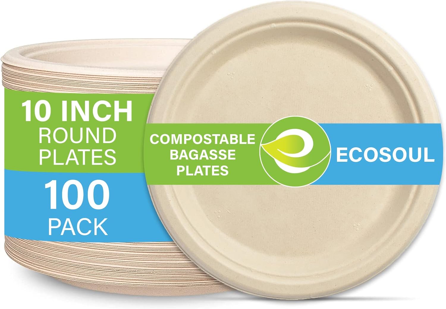 ECO SOUL 100 Compostable 10 Inch Paper Plates [100Pack] Disposable Party Plates I Heavy Duty