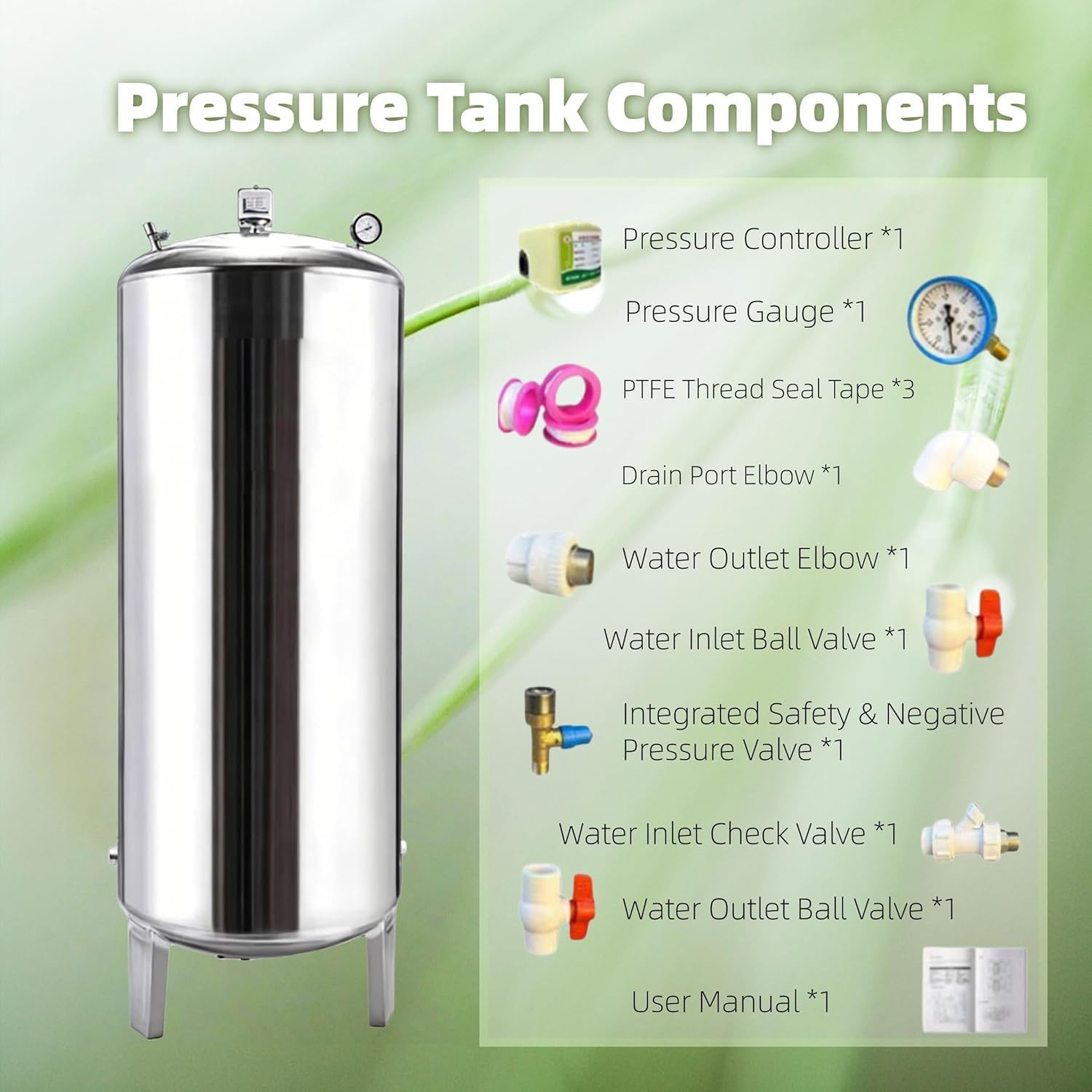 Surpresseur Réservoir sous Pression d'eau d'acier Inoxydable de Ménage, Alimentation en Eau Automatique du sous-Sol - Capacité Kit D'installation Complet,01,200 L