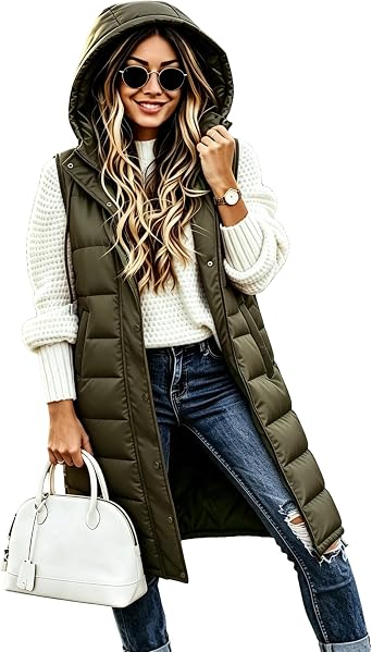 Womens Long Hooded Quilted Puffer Vest Zip Up Quilted Gilet Jacket