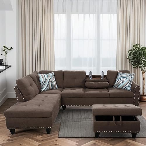 L Shaped Couches for Living Room, Sectional Couch Living Room Furniture with Storage Ottoman, Modular Sectional Sofa with Movable Chaise for Apartment Office, Brown