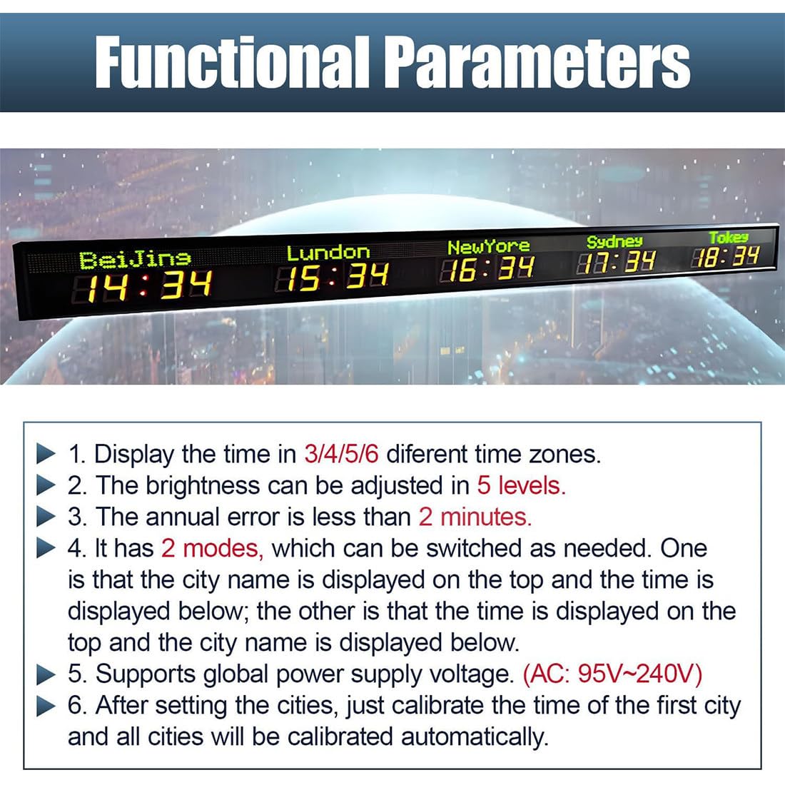 Orologio Mondiale Digitale a LED con Display Multi-Fuso Orario,Regolazione della Luminosità a 5 Livelli,Orologio da Parete con Ora Mondiale per Uffici Multinazionali,Hotel 5TimeZone