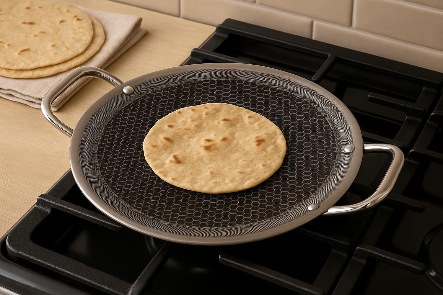 MIRACLE Traditional Roti Tawa 12 Inch (30 cm) Cast Iron Griddle Pan 2.3mm Balanced Thickness Honeycomb Textured Surface Medium Heat Recommended Chapati Tortilla Flatbread Gas Stove Compatible - Image 3
