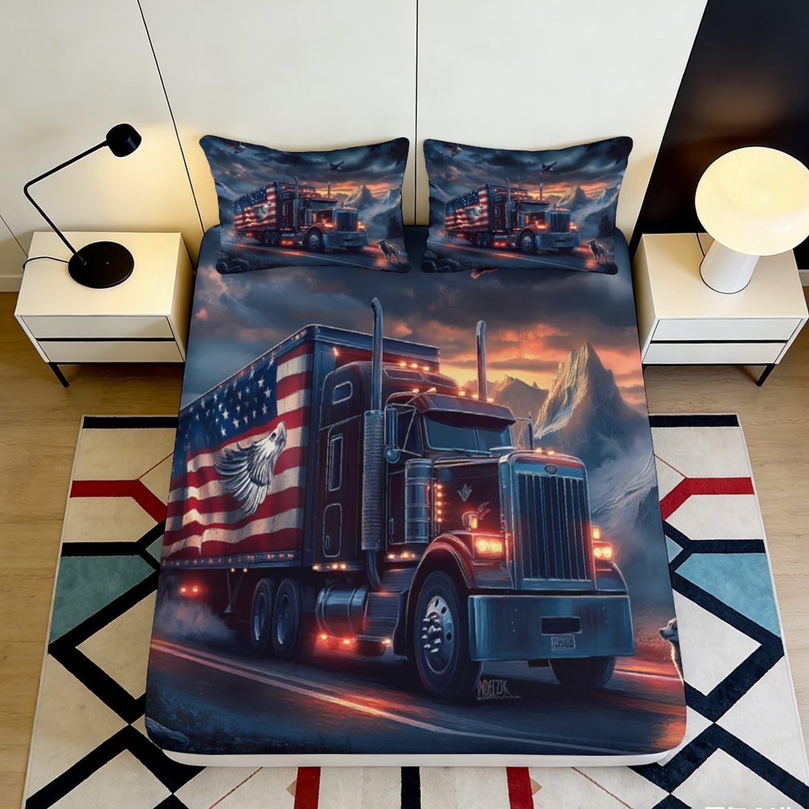 Pnayamiorkfel Style-3 3D Printed American Truck Fitted Sheet Microfiber Soft Bed Cover Bald Eagle Mattress Cover For Bedroom Decor 90X200x25cm