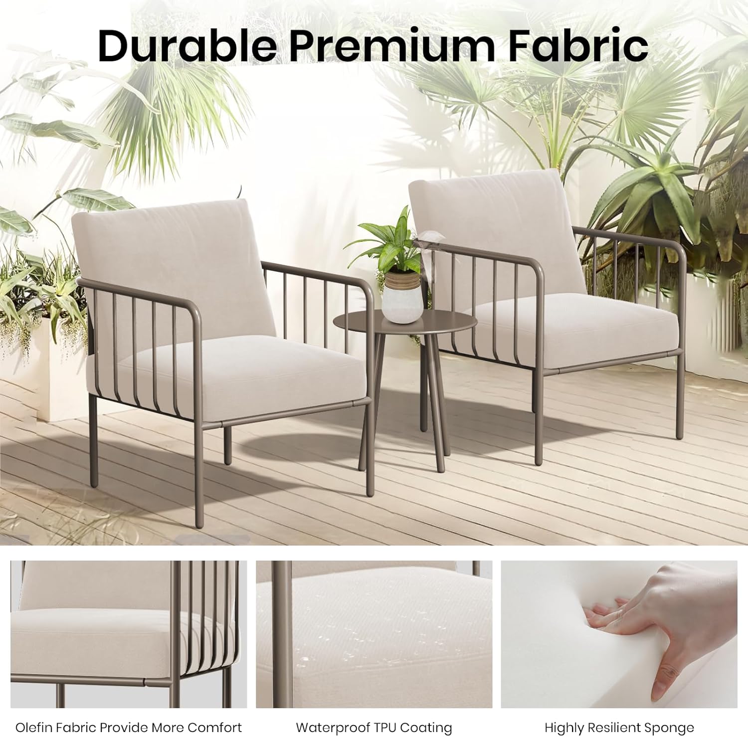 3 Piece Patio Porch Furniture Set, Modern Outdoor Conversation Set with Coffee Table & 4.7" Ultra-Thick Cushions, Rust-Proof Powder-Coated Metal Bistro Set for Balcony, Porch, Garden (Beige)