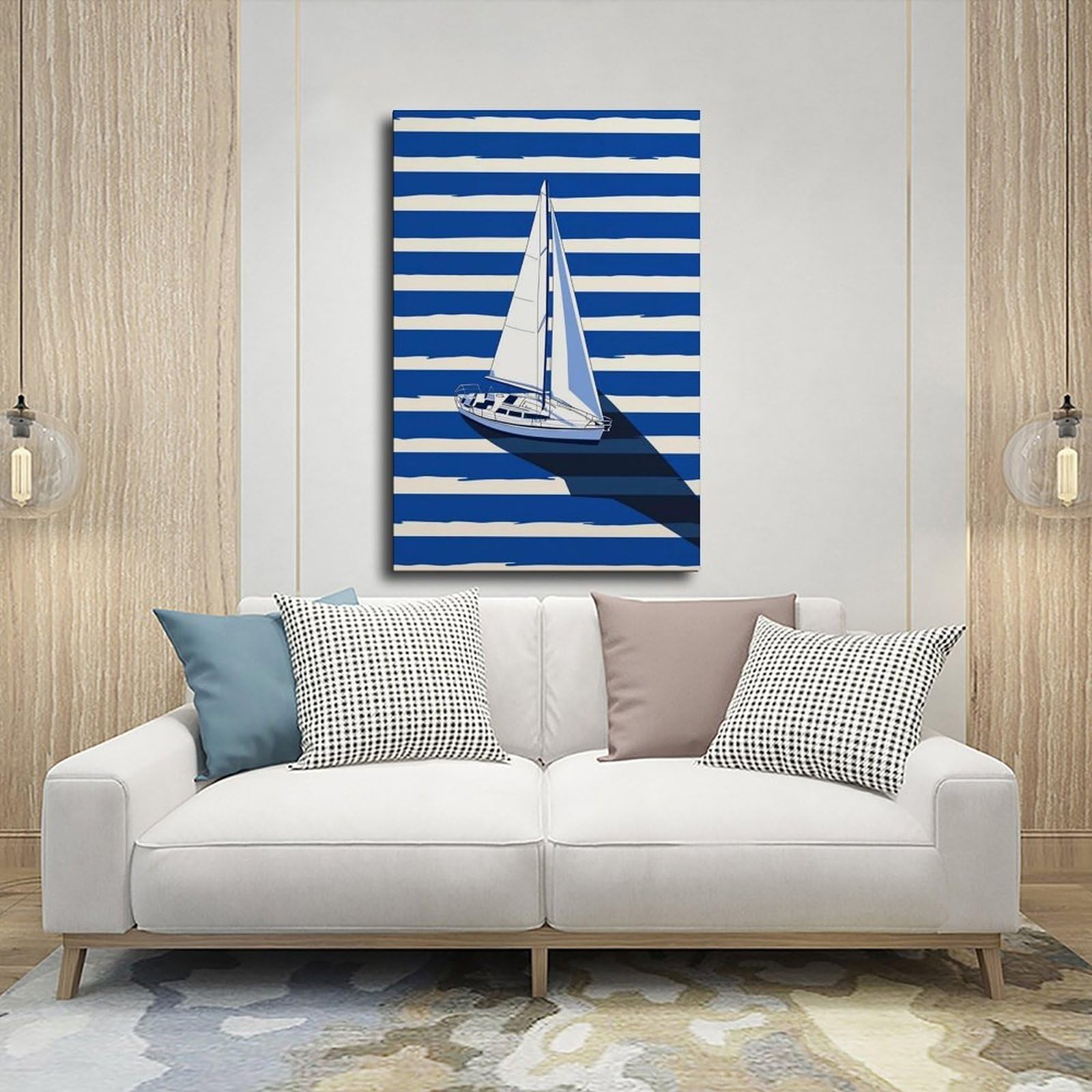 Minimalistisches nautisches Segelboot, Segelboot, blauer Ozean, Dekoration, Leinwandposter, Wandkunst, Druck, Bild, Gemälde für Wohnzimmer, Schlafzimmer, Dekoration, 50,8 x 76,2 cm (L x B)