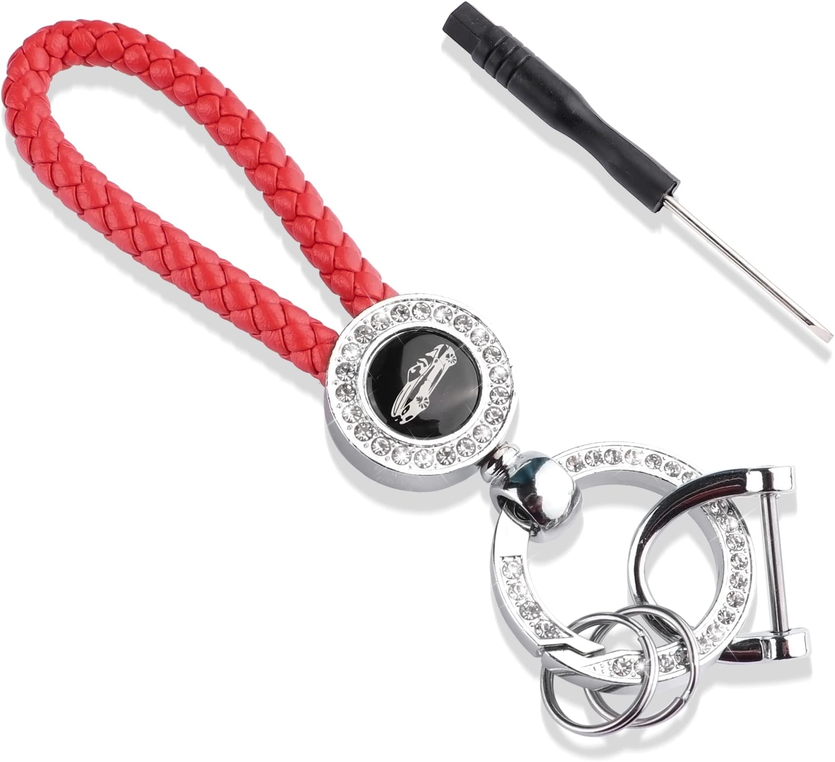 Bling Bling Leather Keychain,Universal Car Accessories Car Lanyard Key Fob Holder with Anti-lost D-ring and Screwdriver(Red)