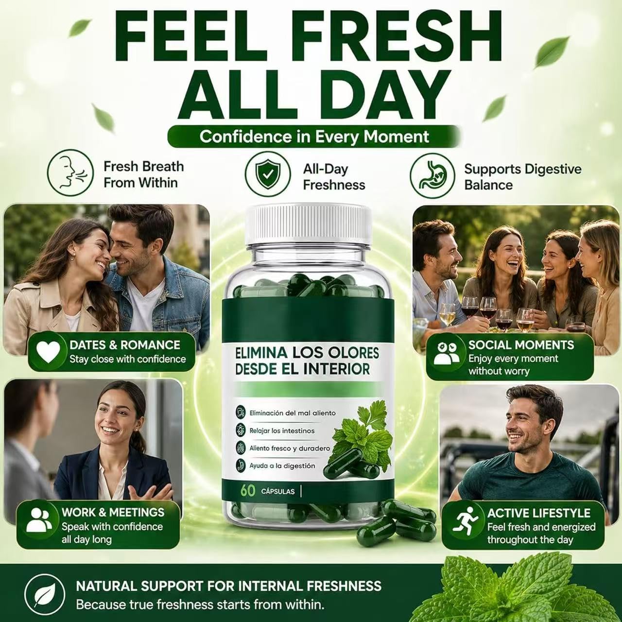 Gélules pour une haleine naturellement fraîche à base de chlorophylle, de menthe poivrée et de persil : éliminent la mauvaise haleine de l'intérieur, favorisent la santé intestinale,1pcs