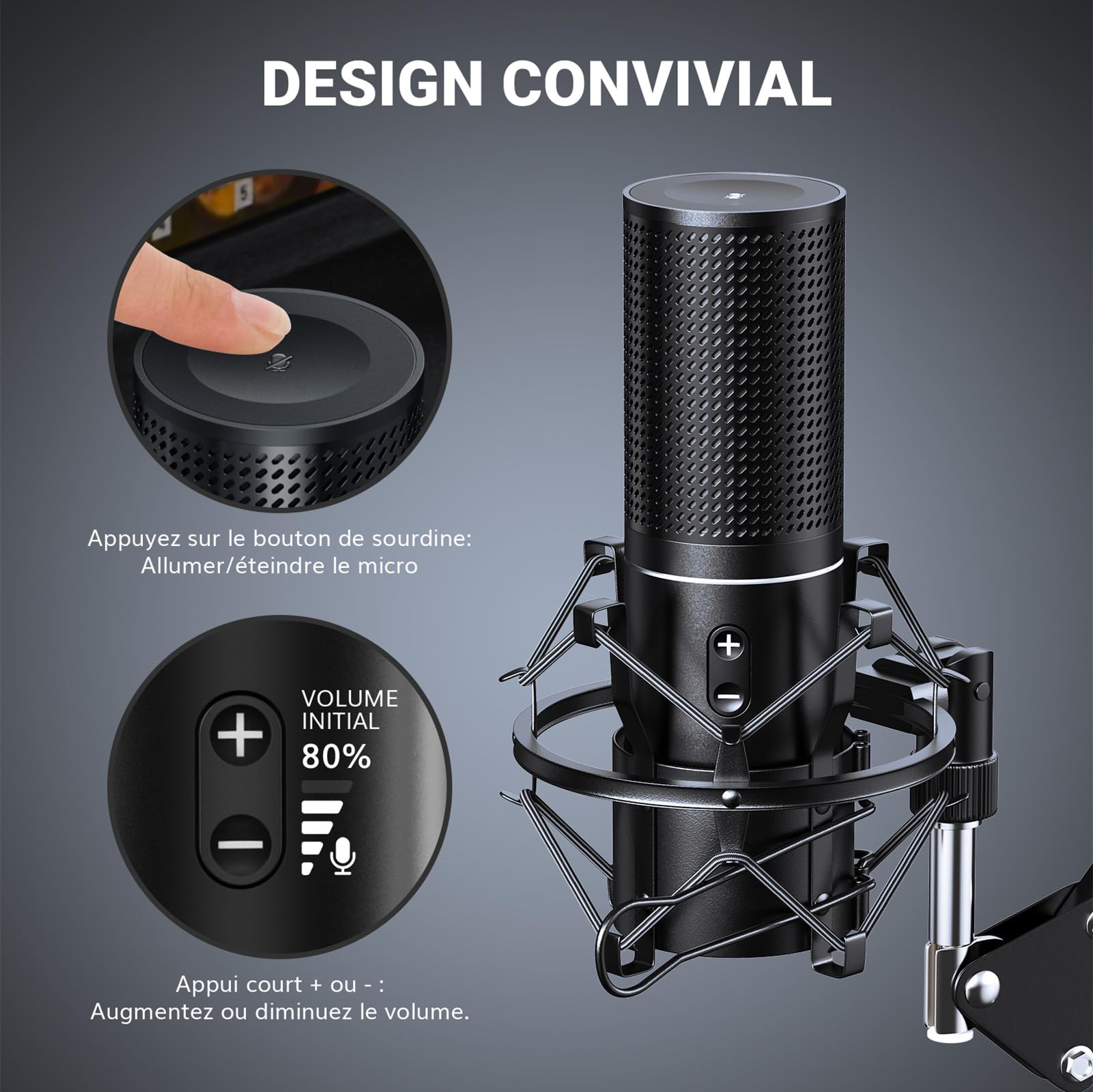 TONOR Microphone PC PC USB Micro Podcast avec fonction rénale avec support de bras, Brodcasting Mic Studio Micro, Microphone d'enregistrement en streaming, YouTube Twitch, Q9 Nouveau modèle