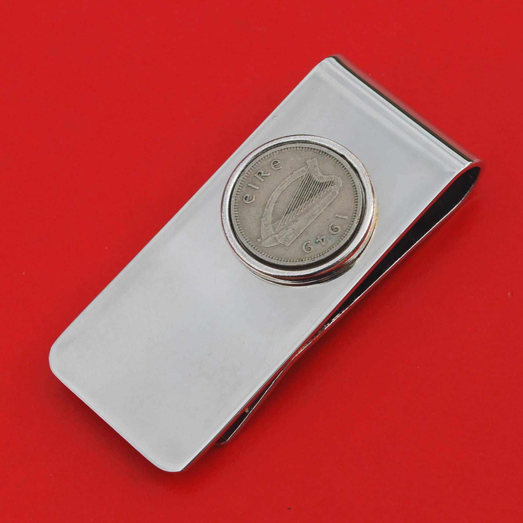 1949 Irish Ireland 3 Pence Harp Coin Solid Brass Money Clip New - Silver Coin Bezel